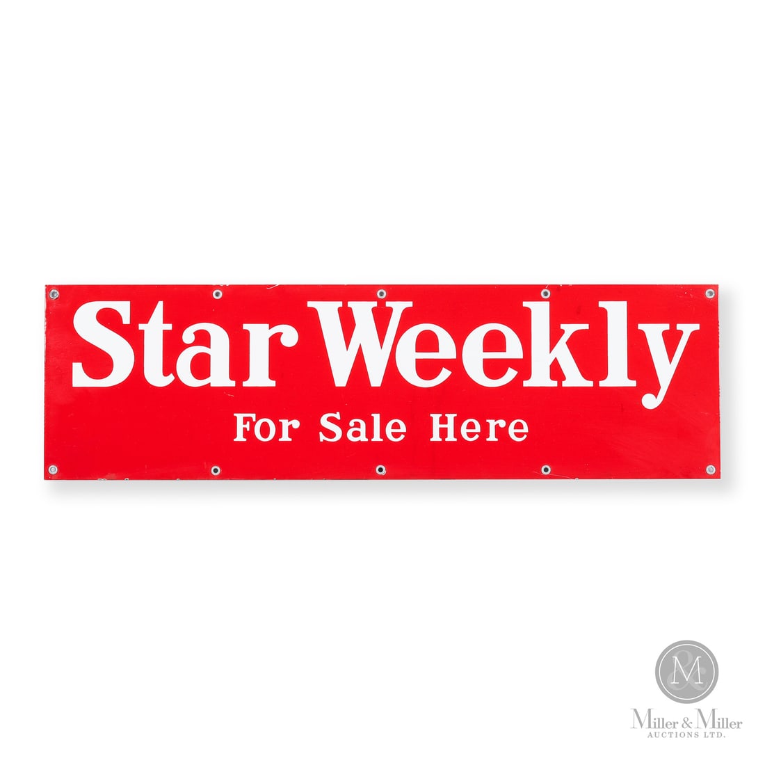 Star Weekly Newspaper Door Kick Sign: Made in Canada. 1950 - 1960. Single-sided porcelain (SSP). The 1950's version of the Star Weekly door kick identified by the absence of the 10c price indicator seen on the 1940's variation. Unmarked. 