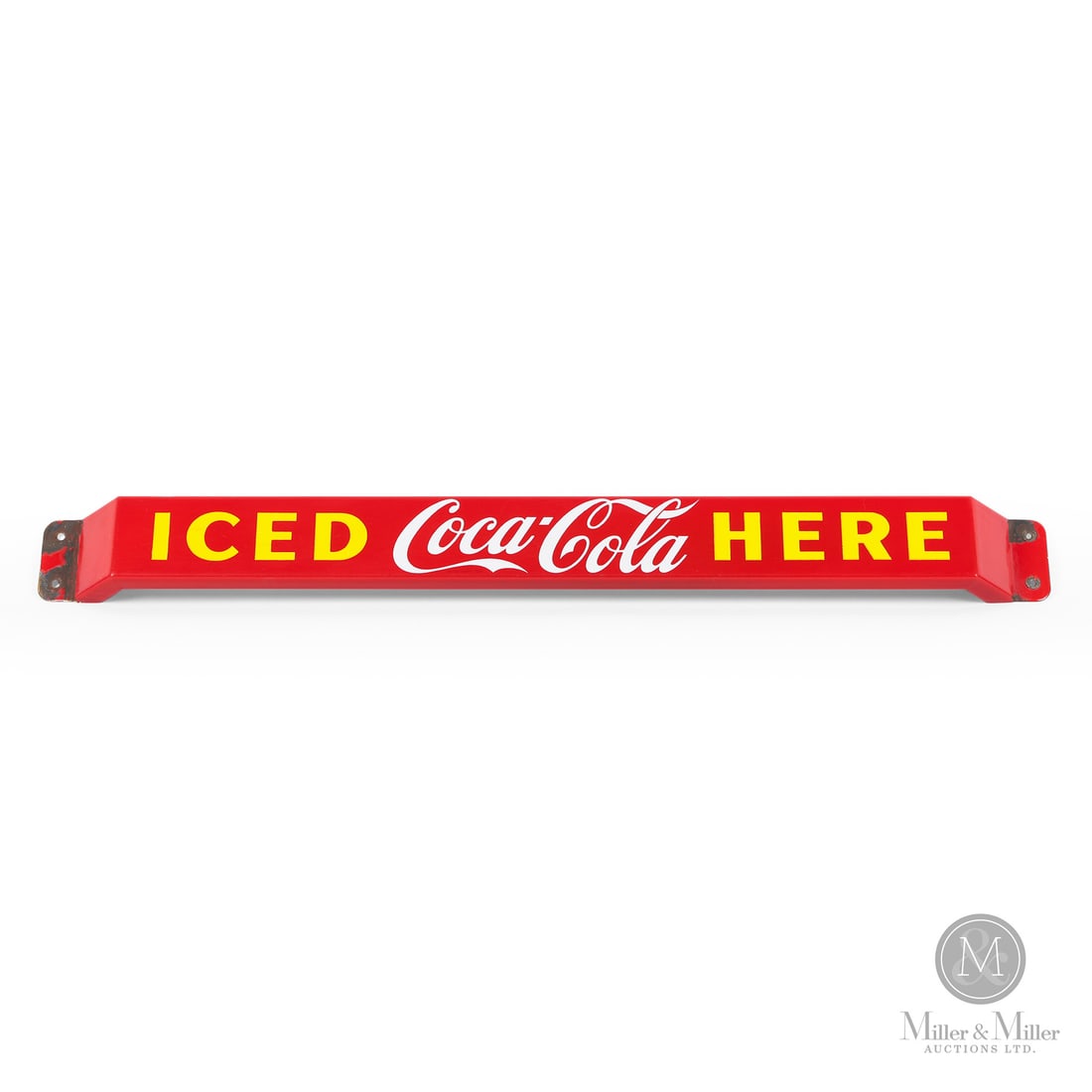 Coca-Cola Iced Here Door Push Bar: Made in Canada. 1952. Double-sided porcelain (DSP). The red background with yellow lettering "Iced Here" door bar was first released in the later half of the 1940's. Production continued until the