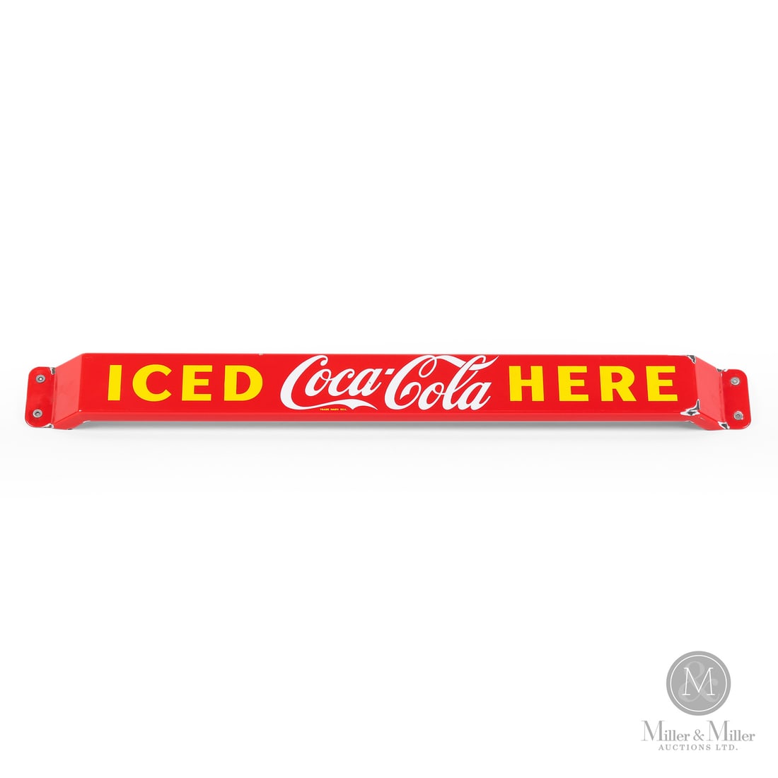 Coca-Cola Iced Here Door Push Bar: Made in Canada. 1958. Single-sided porcelain (SSP). The red background with yellow lettering "Iced Here" door bar was first released in the later half of the 1940's. Production continued until the