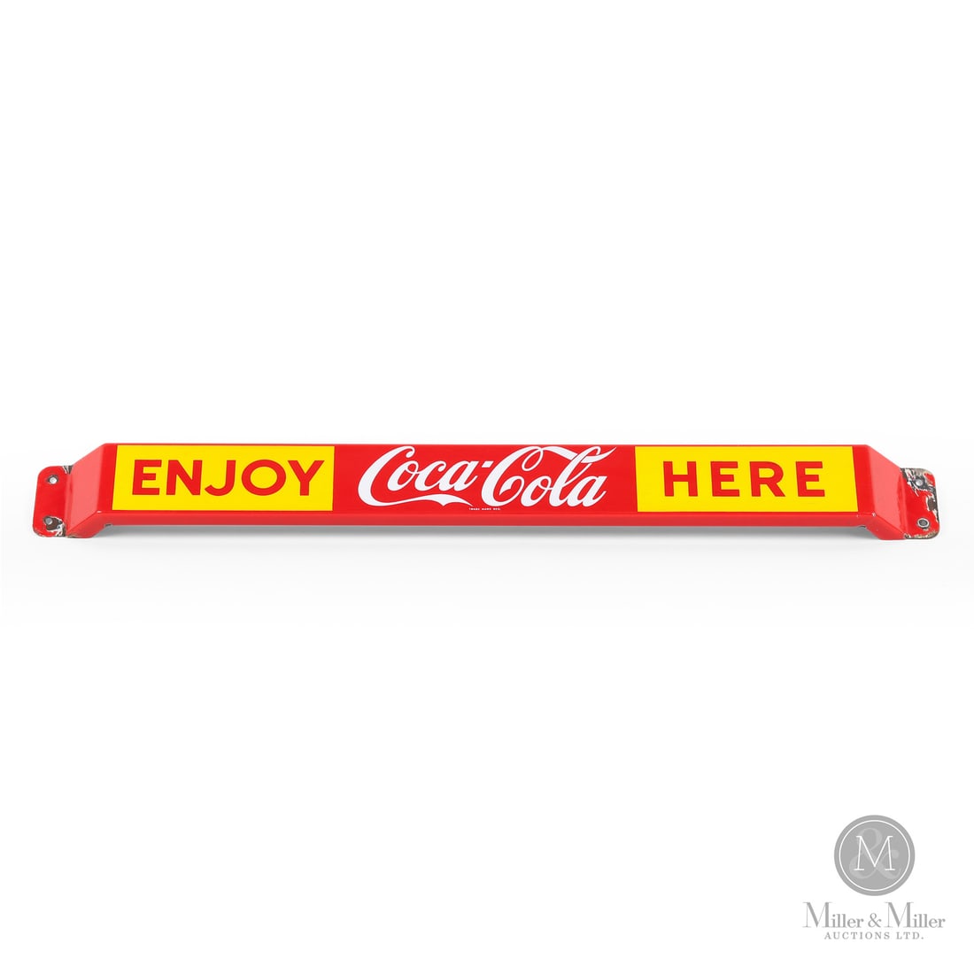Coca-Cola Enjoy Here Door Push Bar: Made in Canada. 1959. Single-sided porcelain (SSP). The "Enjoy Here" door bar was introduced in the late 1950's and produced throughout the 1960's. In addition to the slogan change, the design also