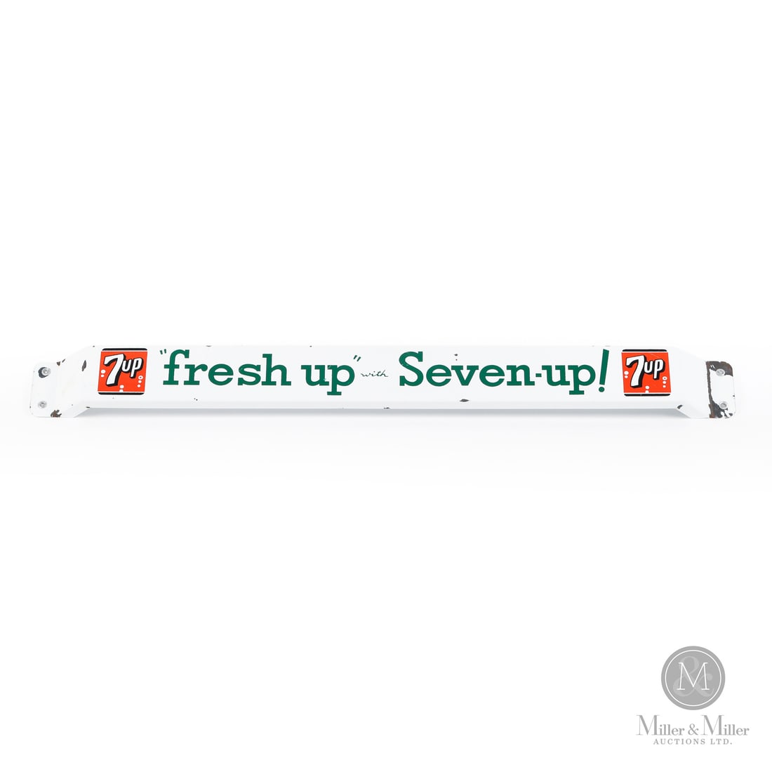 Seven-up Door Push Bar: Made in Canada. 1950 - 1960. Single-sided porcelain (SSP). Seven up released two versions of this door bar, one in green script and one in black script. This is the green script variation. Unmarked.