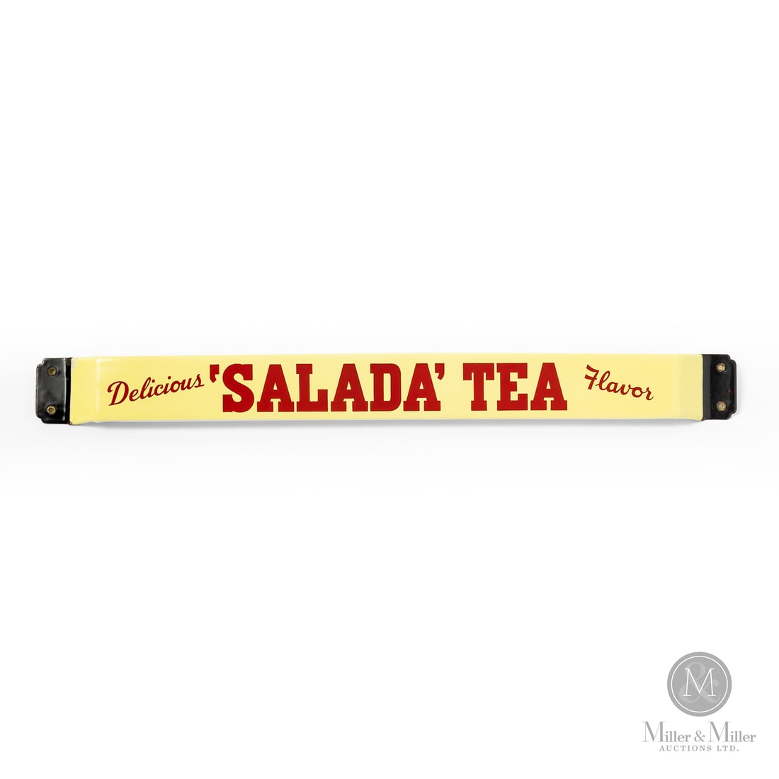 Salada' Tea Delicious/Flavor Door Push Bar: Made in Canada. 1940 - 1950. Single-sided porcelain (SSP). Salada Tea commissioned door push bars to be made in various script colours with multiple slogans. This red script version features the