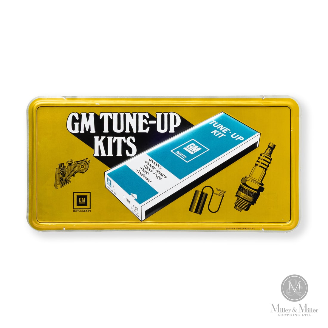 General Motors Parts Tune-Up Kits Sign: Made in U.S.A. 1968 - 1974. Single-sided aluminium (SSA). Embossed. Marked, "Stout lite by Stout Industries Inc." lower edge. Authenticated by The Authentication Company (TAC #501771). All items are