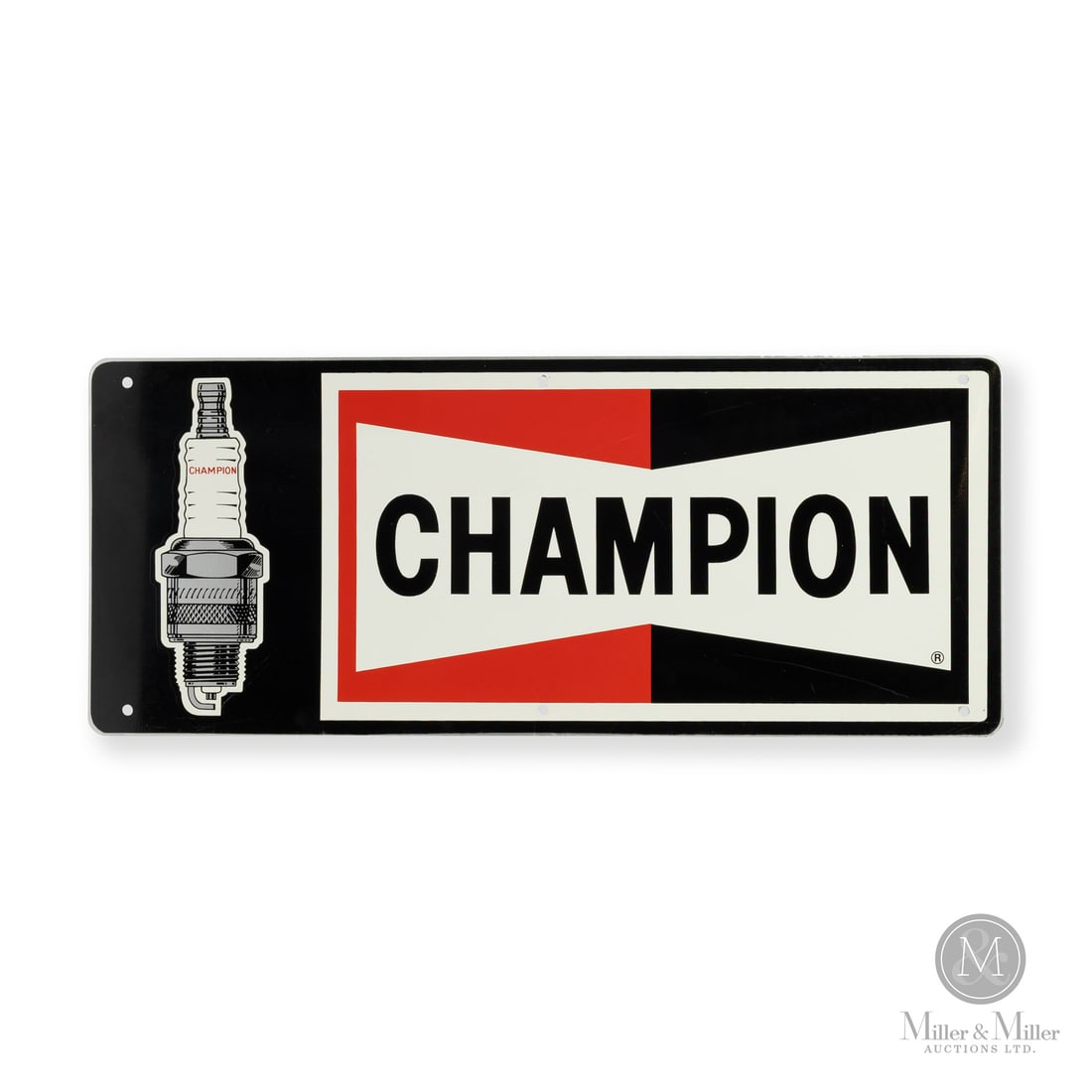 Champion Spark Plugs Sign: Made in U.S.A. 1970 - 1980. Single-sided aluminium (SSA). Featuring an oversized image of the product and the famous "bowtie" logo. Unmarked. Authenticated by The Authentication Company (TAC #402713).