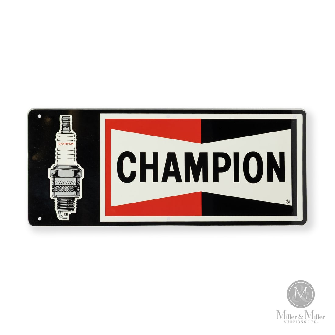 Champion Spark Plugs Sign: Made in U.S.A. 1970 - 1980. Single-sided aluminium (SSA). Featuring an oversized image of the product and the famous "bowtie" logo. Unmarked. Authenticated by The Authentication Company (TAC #402714).