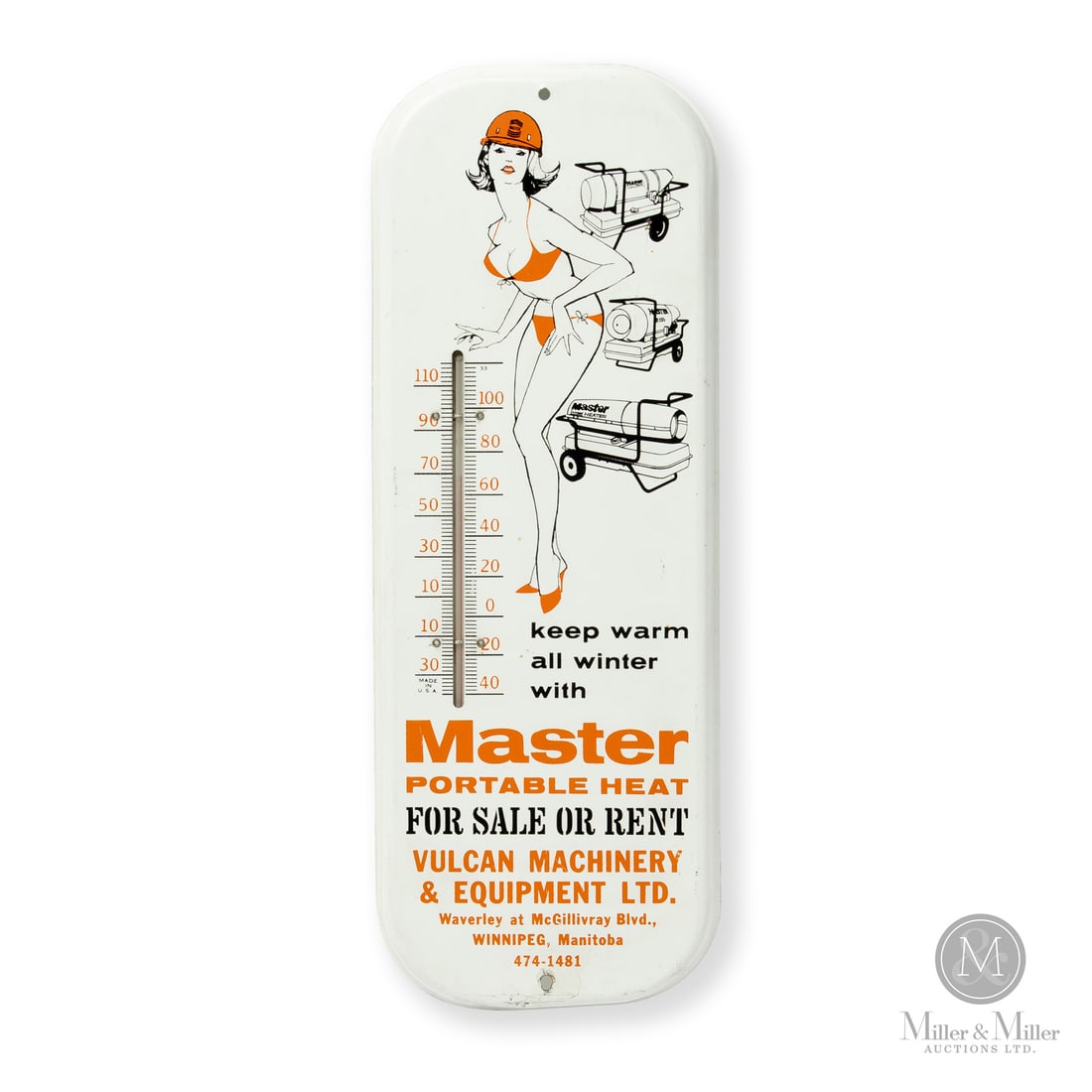 Master Portable Heat Thermometer: Made in U.S.A. for Canadian Market. 1968-1970. Single-sided tin (SST). Rolled edge. Released by Master during the time of their sale to Koehring in 1968, this thermometer is one of the final pieces of