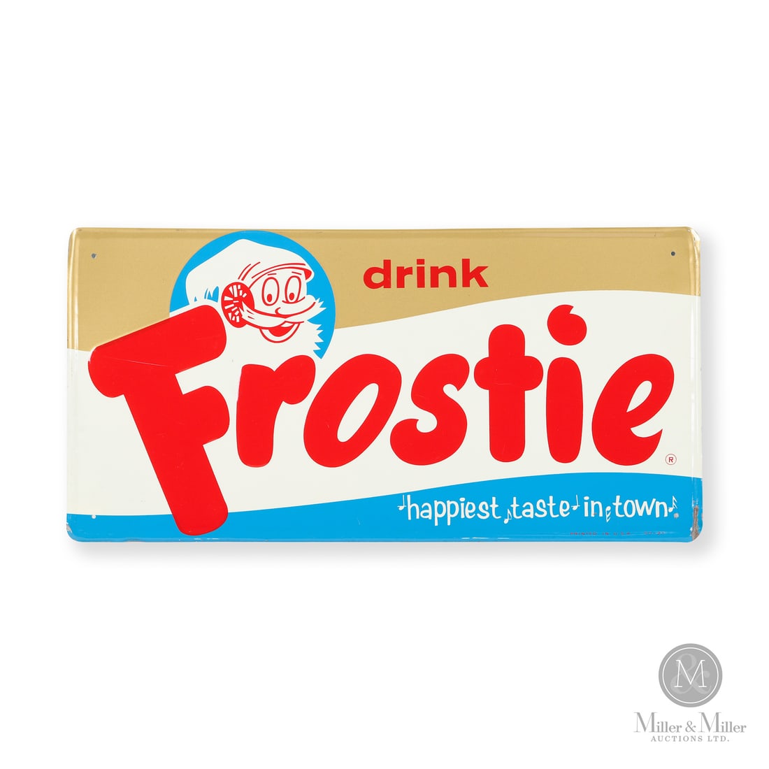 Drink Frostie Root Beer Sign: Made in U.S.A. 1957 - 1967. Single-sided tin (SST). Embossed. Featuring the Mr. Frostie mascot. Marked, "PRINTED IN U.S.A. SO-21" lower right. 10" x 20". Authenticated by The Authentication Company (T