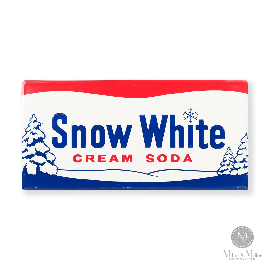 Snow White Cream Soda Sign: Made in Canada. 1962. Single-sided tin (SST). Embossed. The brand was introduced during the mid 1920's and was distributed across Western Canada until 1987. Breuvages Kiri kept the brand alive across 