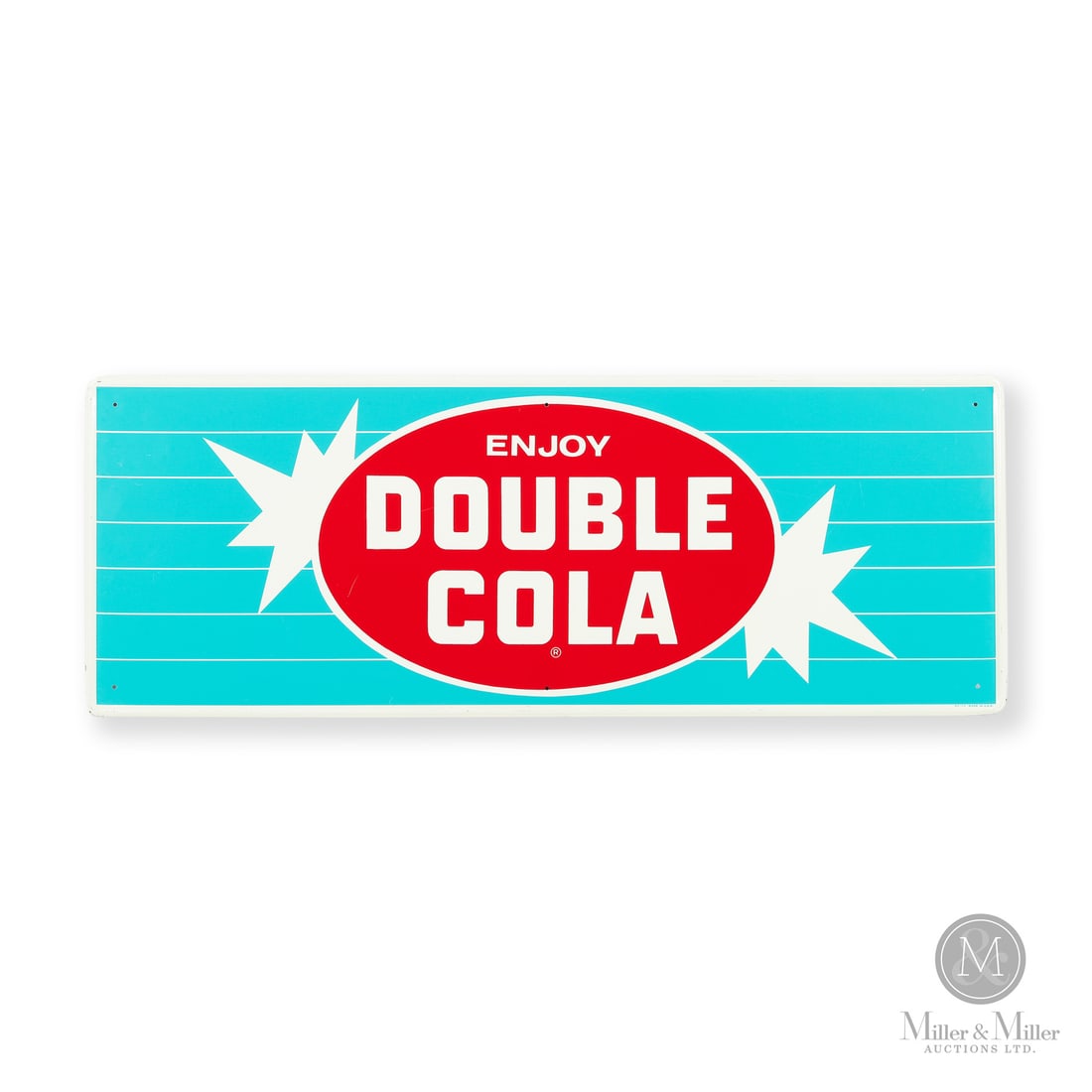 Enjoy Double Cola Sign: Made in U.S.A. 1955 - 1965. Single-sided tin (SST). Features the "Twin Starburst" Double Cola logo. Marked, "DC-17 MADE IN U.S.A." lower right. 12" x 32". Authenticated by The Authentication Company (