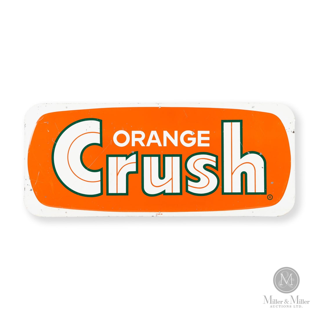 Orange Crush Door Kick Sign: Made in Canada. 1962. Single-sided tin (SST). Embossed. Marked, "S.T.M.S. 62" lower centre edge. 12.25" x 29.25". Authenticated by The Authentication Company (TAC #501744). All items are guaranteed au