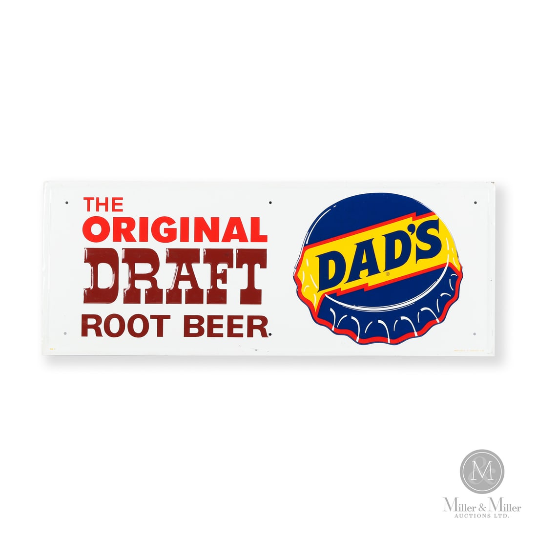 Dad's Root Beer Door Kick Sign: Made in U.S.A. 1971. Single-sided tin (SST). Embossed. Featuring "The Original Draft" slogan. Marked, "PM-2" lower left edge and "PRESS SIGN CO. ST LOUIS 63107 8-71" lower right. 12" x 31". Authentica