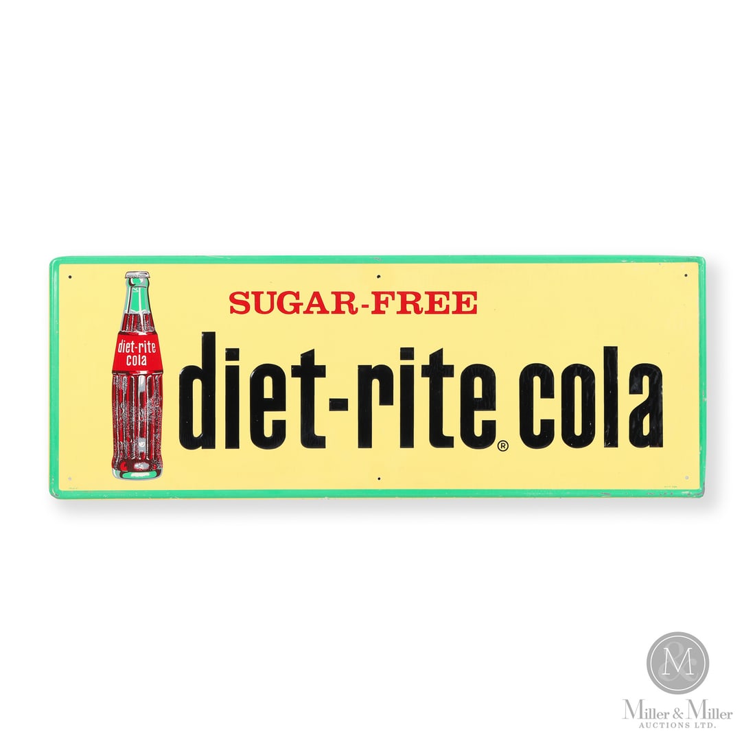Diet-Rite Cola Sign: Made in U.S.A. 1962 - 1965. Single-sided tin (SST). Embossed. . Diet-Rite was an early entrant to the diet soda market offered from Royal Crown. Marked, "DR-6142" lower left edge and "M.C.A - 288" low