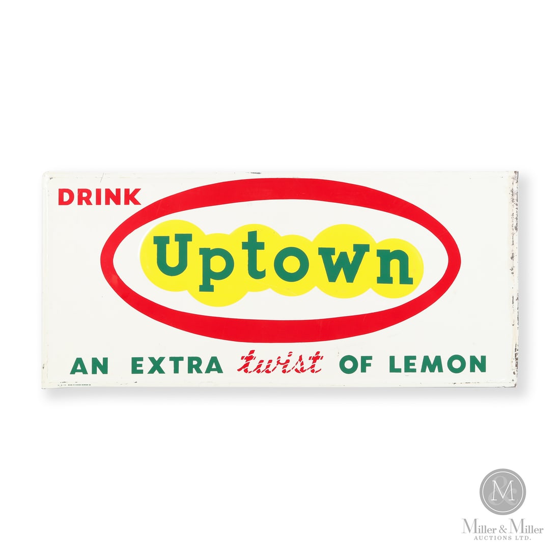 Uptown Lemon Soda Beverages Sign: Made in Canada. 1966. Single-sided tin (SST). Embossed. Marked, "U 6 - e MADE IN CANADA-BARKER-66" lower left. 13.25" x 29.25". Authenticated by The Authentication Company (TAC #402724). All items are