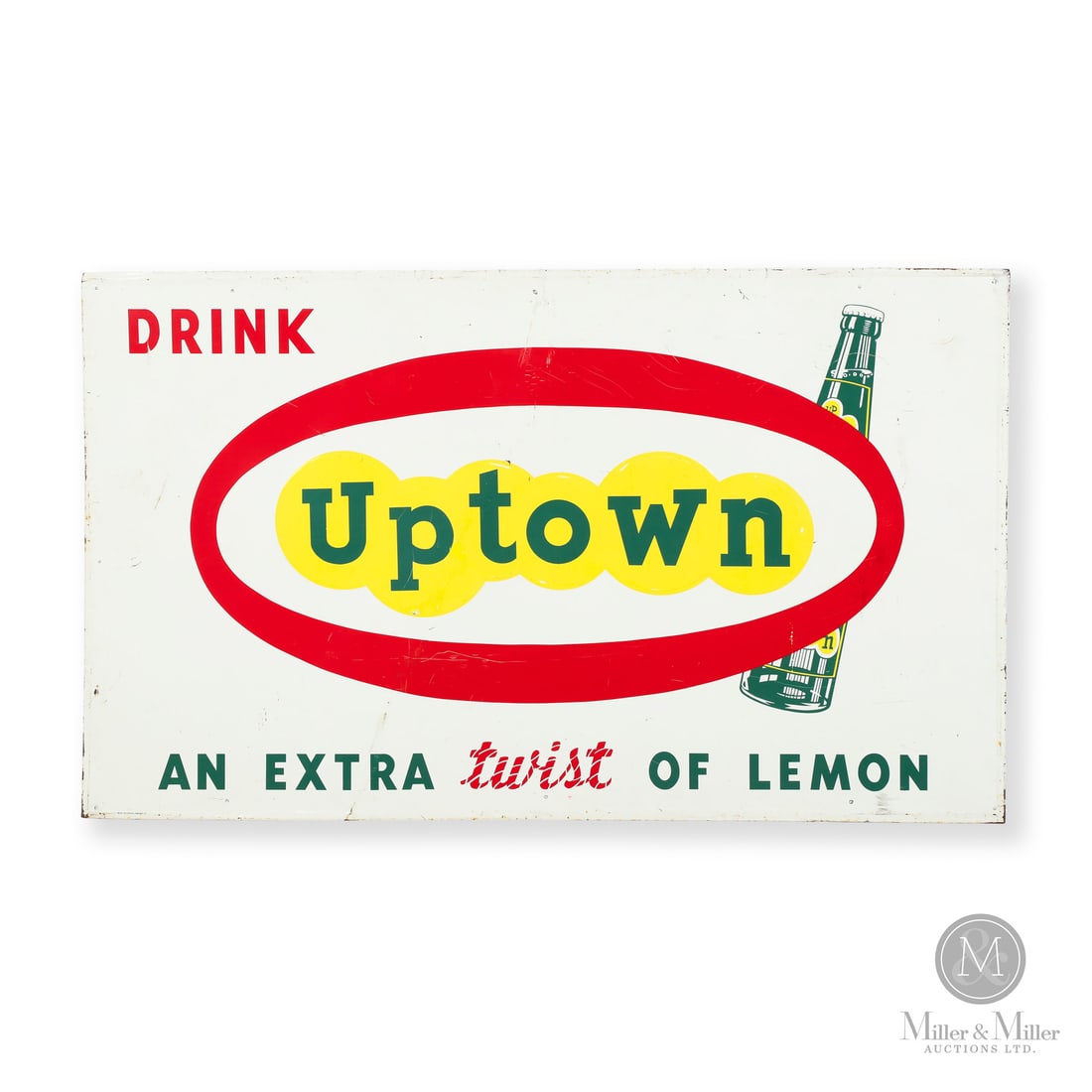 Uptown Lemon Soda Beverages Sign: Made in Canada. 1965. Single-sided tin (SST). Embossed, self framed. The larger and less common 3' x 5' size variation. Marked, "MADE IN CANADA - BARKER - 65" lower left edge. 3' x 5'. Authenticated b