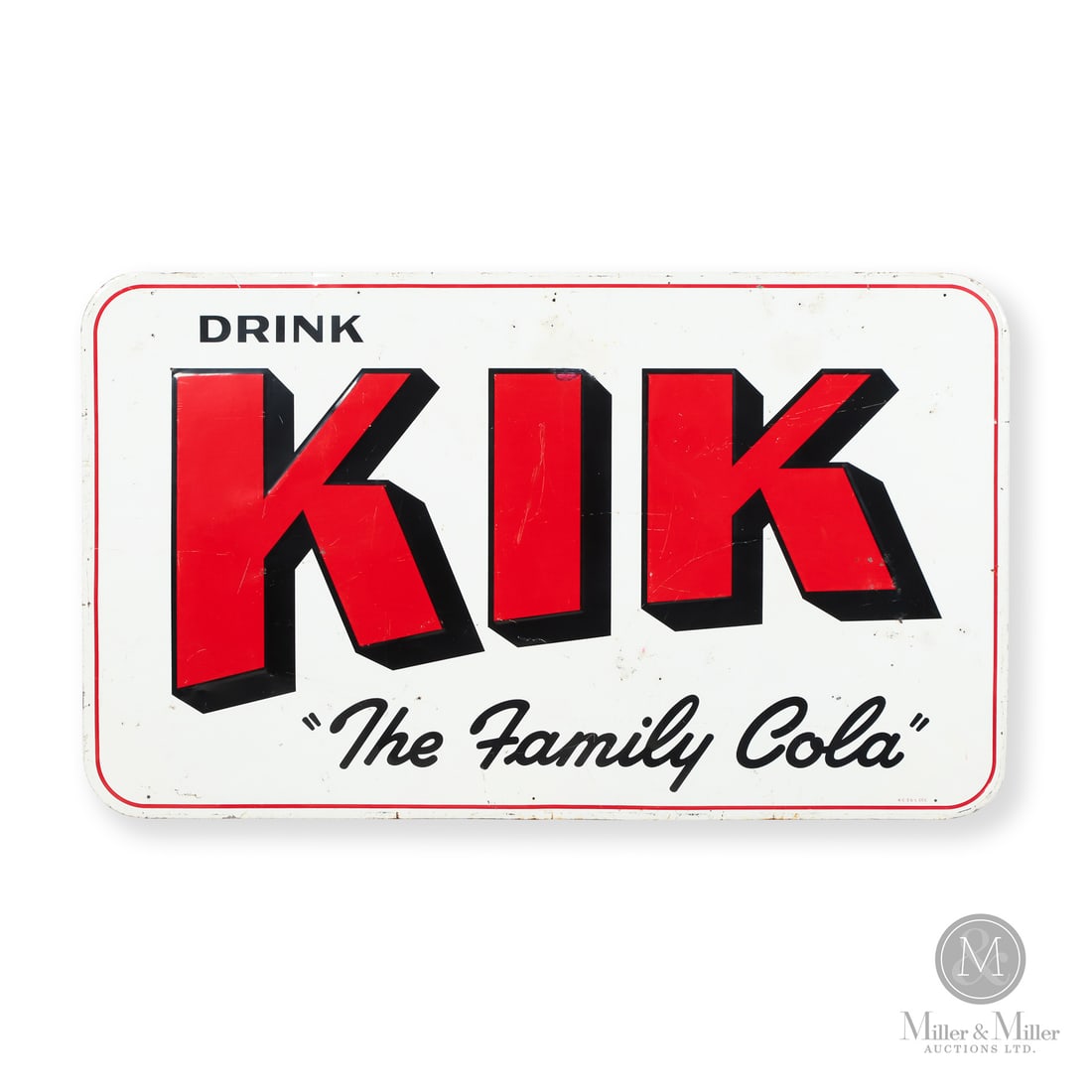 KIK The Family Cola Sign: Made in Canada. 1944 - 1959. Single-sided tin (SST). Embossed. The larger and less common 3' x 5' size variation. Marked, "K-E-3-5-L CCC" lower right edge. 3' x 5'. Authenticated by The Authentication