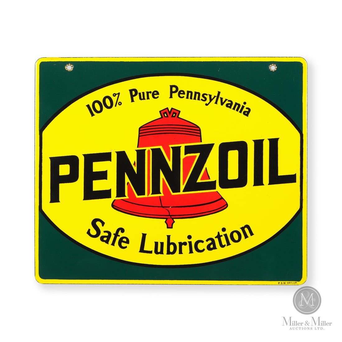 Pennzoil Safe Lubrication Rack Sign: Made in Canada. 1945 - 1955. Double-sided porcelain (DSP). The green background surrounding the cracked Liberty Bell emblem is unique to this Canadian-made rack sign. The "100% Pure Pennsylvania" and 