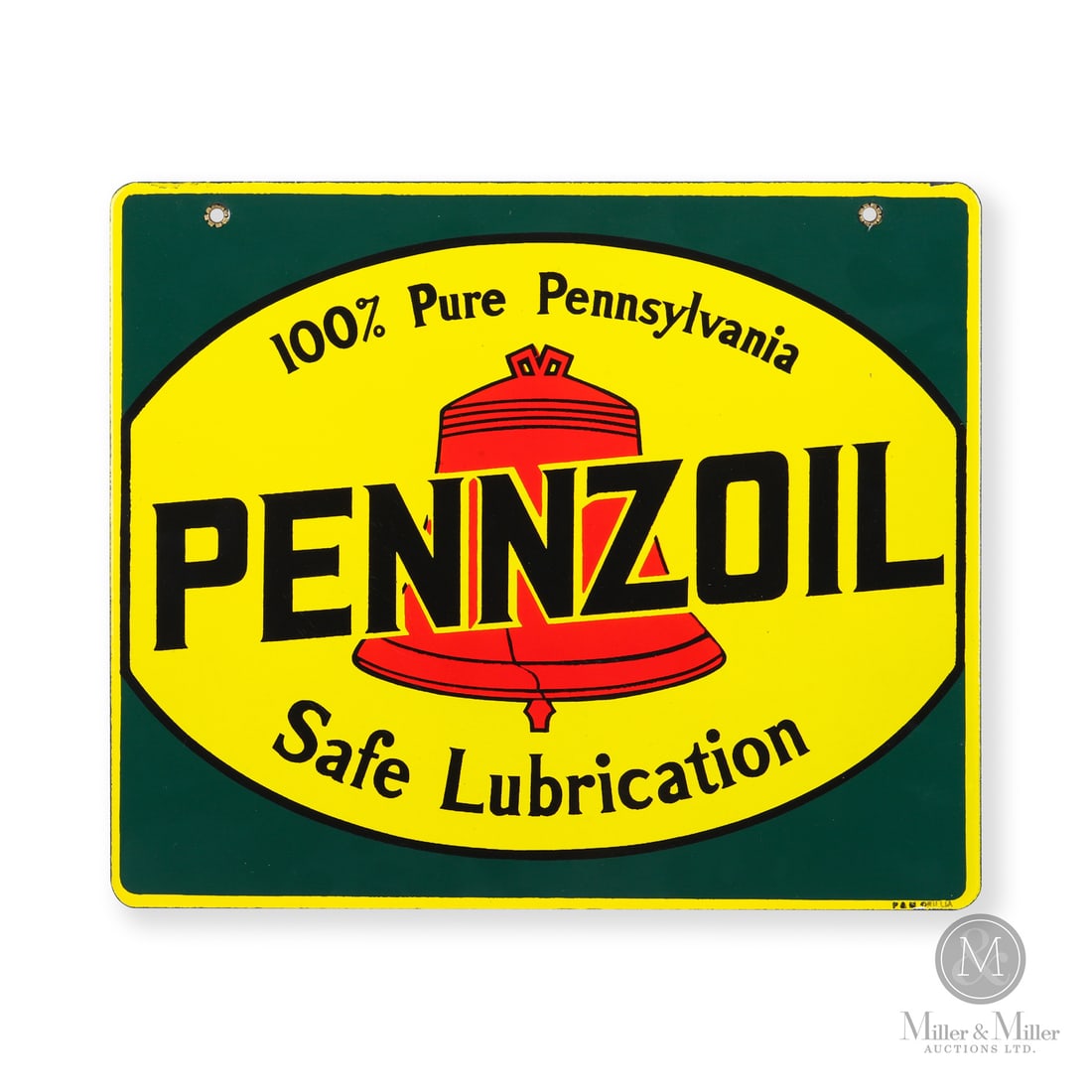 Pennzoil Safe Lubrication Rack Sign: Made in Canada. 1945 - 1955. Double-sided porcelain (DSP). The green background surrounding the cracked Liberty Bell emblem is unique to this Canadian-made rack sign. The "100% Pure Pennsylvania" and 