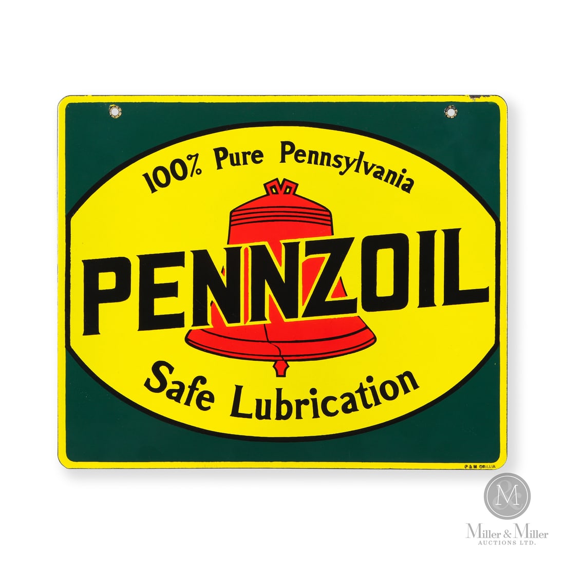 Pennzoil Safe Lubrication Rack Sign: Made in Canada. 1945 - 1955. Double-sided porcelain (DSP). The green background surrounding the cracked Liberty Bell emblem is unique to this Canadian-made rack sign. The "100% Pure Pennsylvania" and 