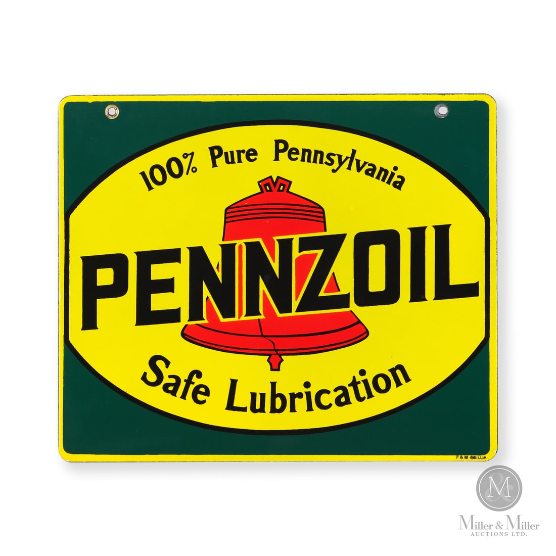 Pennzoil Safe Lubrication Rack Sign: Made in Canada. 1945 - 1955. Double-sided porcelain (DSP). The green background surrounding the cracked Liberty Bell emblem is unique to this Canadian-made rack sign. The "100% Pure Pennsylvania" and 
