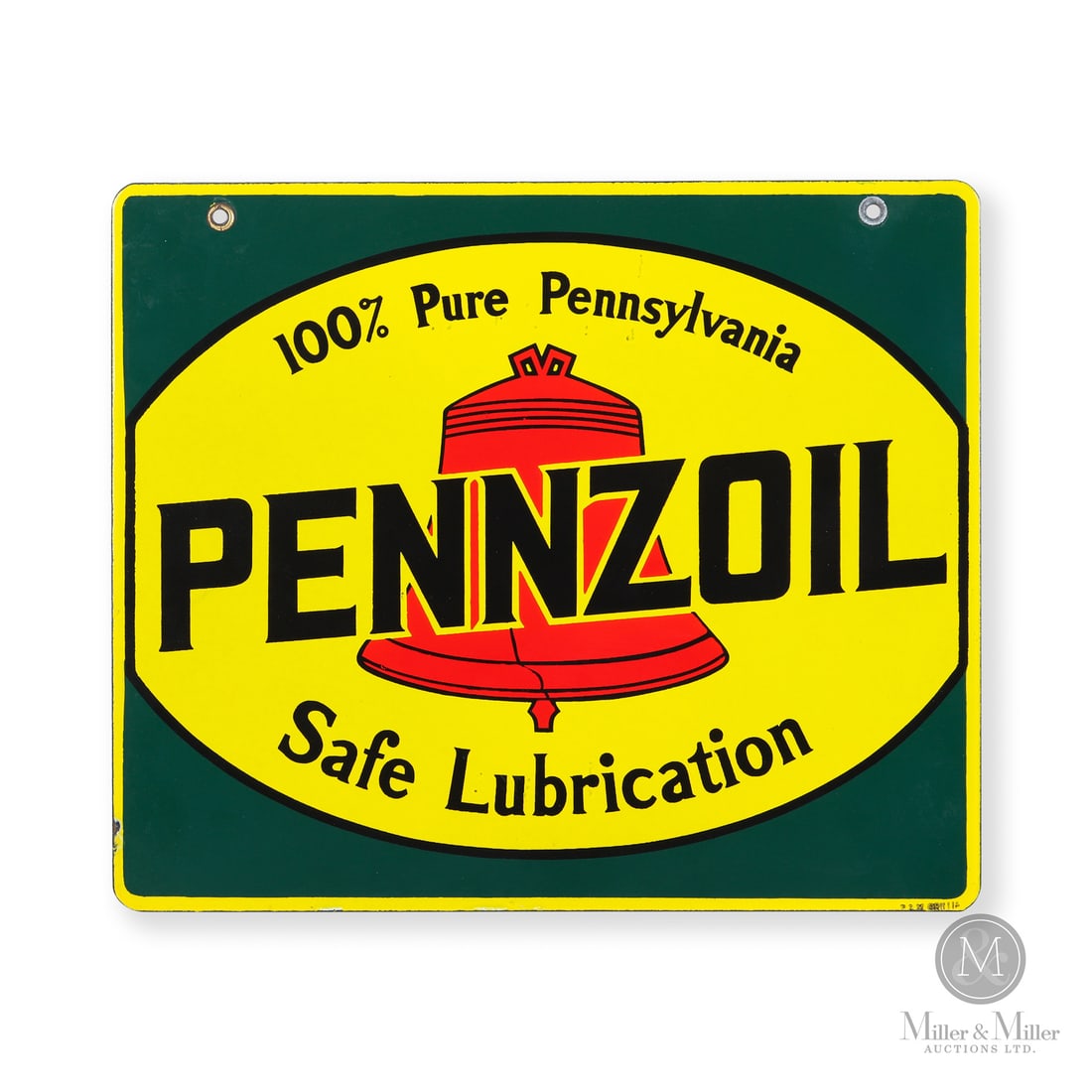 Pennzoil Safe Lubrication Rack Sign: Made in Canada. 1945 - 1955. Double-sided porcelain (DSP). The green background surrounding the cracked Liberty Bell emblem is unique to this Canadian-made rack sign. The "100% Pure Pennsylvania" and 