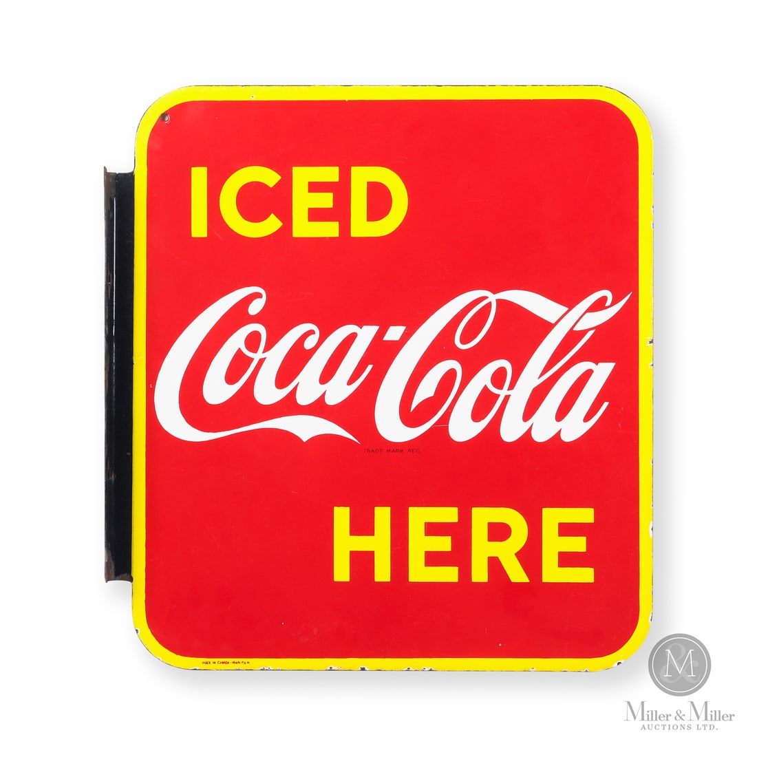 Coca-Cola Iced Here Flange Sign: Made in Canada. 1949. Double-sided porcelain (DSP). Coca-Cola commissioned P&M to make this style of flange in the 1940's through the mid 1950's. Marked, "MADE IN CANADA - 1949 - P & M" inside lower l