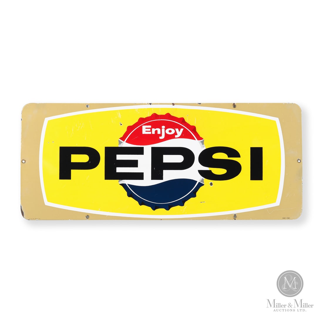 Pepsi Bottle Cap Door Kick Sign: Made in Canada. 1962 - 1969. Single-sided porcelain (SSP). Part of the final advertising campaign in which Pepsi commissioned porcelain signs. Following a logo update in 1962, Pepsi advertising