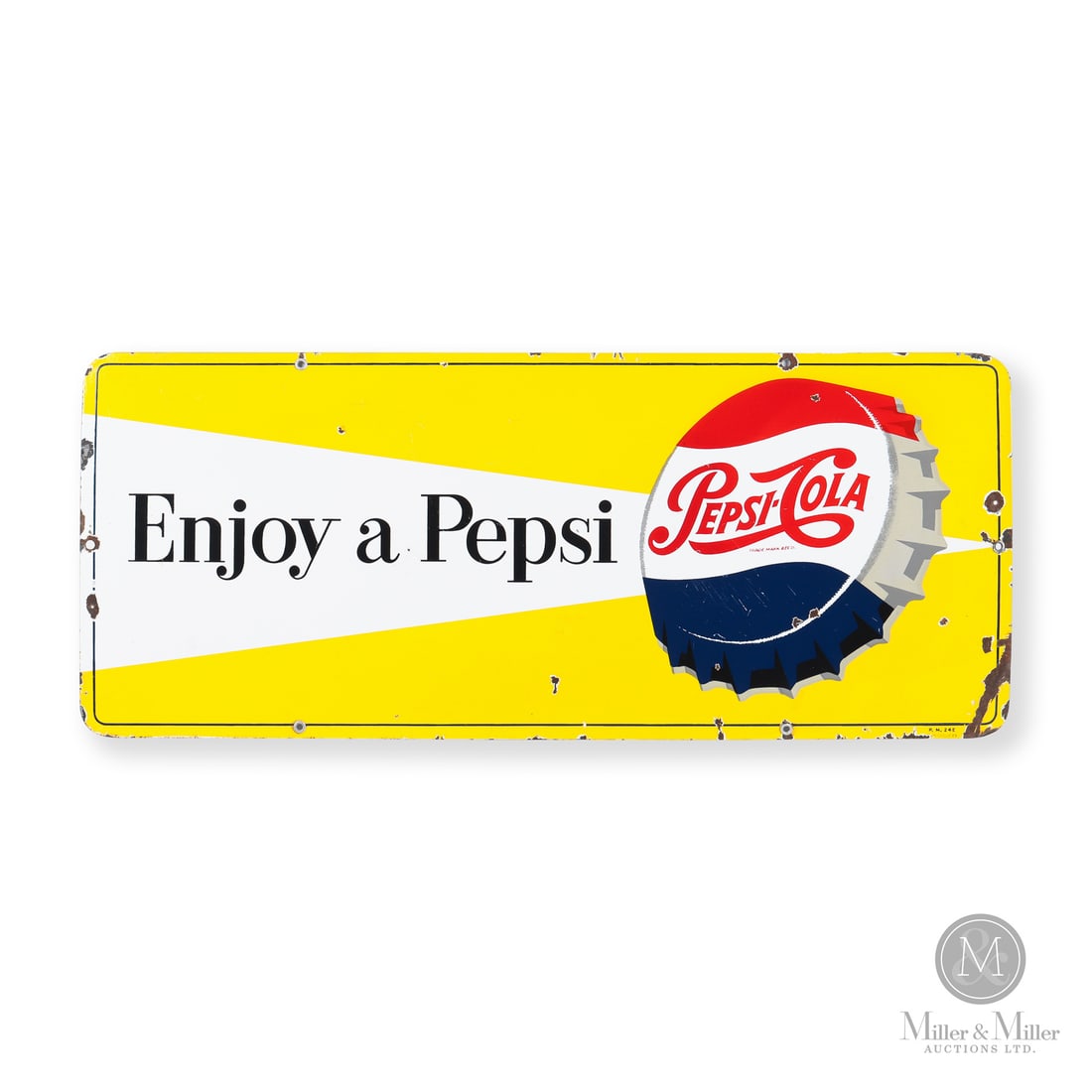 Pepsi-Cola Enjoy a Pepsi Door Kick Sign: Made in Canada. 1957. Single-sided porcelain (SSP). Features the Pepsi-Cola bottle cap. Marked, "P. M. 24E P & M ORILLIA 57" lower right. 12.25" x 29". Authenticated by The Authentication Company