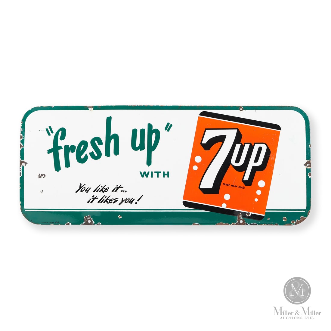 Seven-up Fresh Up Door Kick Sign: Made in Canada. 1948. Single-sided porcelain (SSP). English version of the smaller Seven-up Door Kick with the slogan, "Fresh up. You like it...it likes you!". Marked, "P and M P LTD./48 10-E" lower