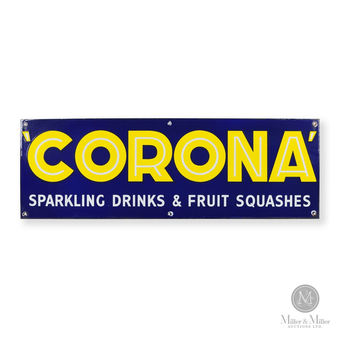 Corona Door Kick Sign: Made in United Kingdom. 1930 - 1945. Single-sided porcelain (SSP). Sparkling drinks & fruit squashes. Marked, "60" reverse. 10" x 30". Authenticated by The Authentication Company (TAC #402708). All