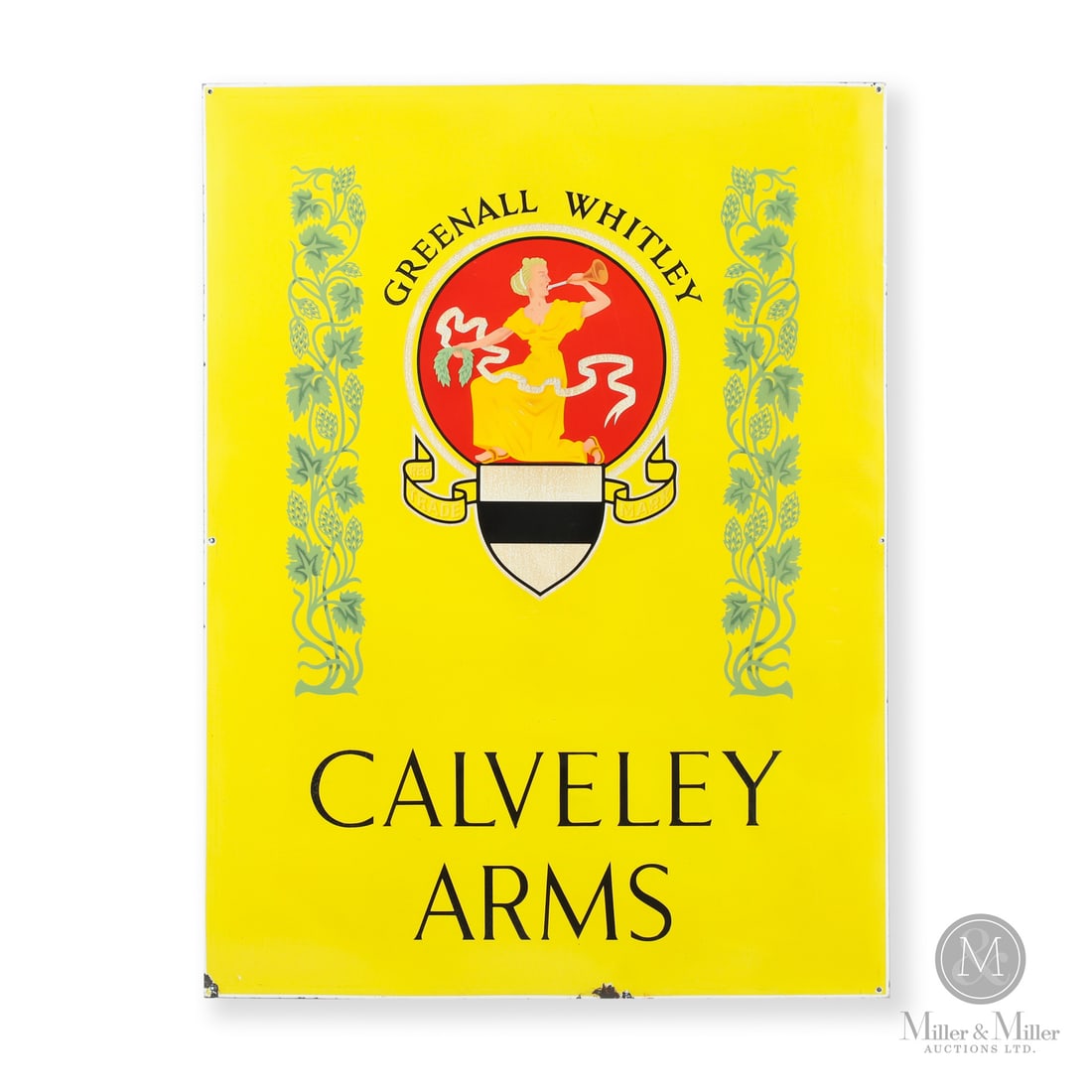 Greenall Whitley Calveley Arms Pub Advertising Sign: Made in United Kingdom. 1950 - 1960. Single-sided porcelain (SSP). The original Calveley Arms in Handley, Cheshire, was a deeply historic, traditional English country coaching inn with roots