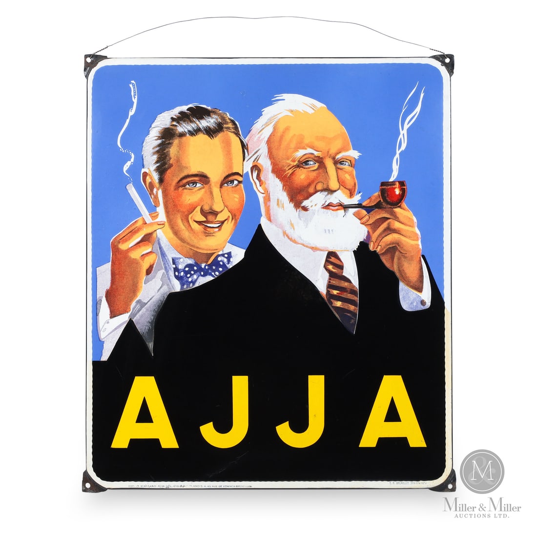 AJJA Tobacco Sign: Made in Brussels. 1954. Single-sided porcelain (SSP). Featuring the "Father and Son" graphic. Marked, "1110 O. WARLAND ADM. DEL ETS WARLAND S.A. 40 RUE DE KONINCK-BRUXELLES" lower left edge and "T.P.