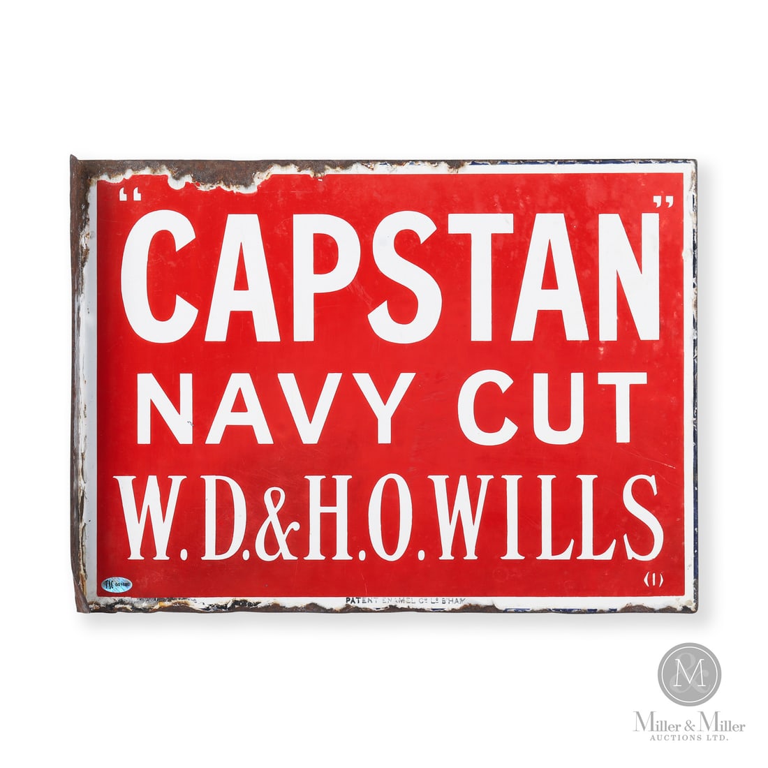 Capstan Navy Cut Flange Sign: Made in United Kingdom. 1910 - 1914. Double-sided porcelain (DSP). Manufactured by the famous British tobacco company W.D. & H.O. Wills (a founding member of Imperial Tobacco). The makers mark display