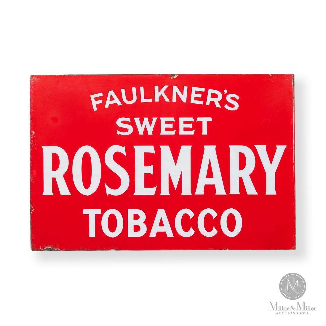 Faulkner's Sweet Rosemary Tobacco Flange Sign: Made in United Kingdom. 1920 - 1930. Double-sided porcelain (DSP). Produced by W. & F. Faulkner, a prominent tobacco cutting, roll spinning, and snuff grinding firm originally established in London, E