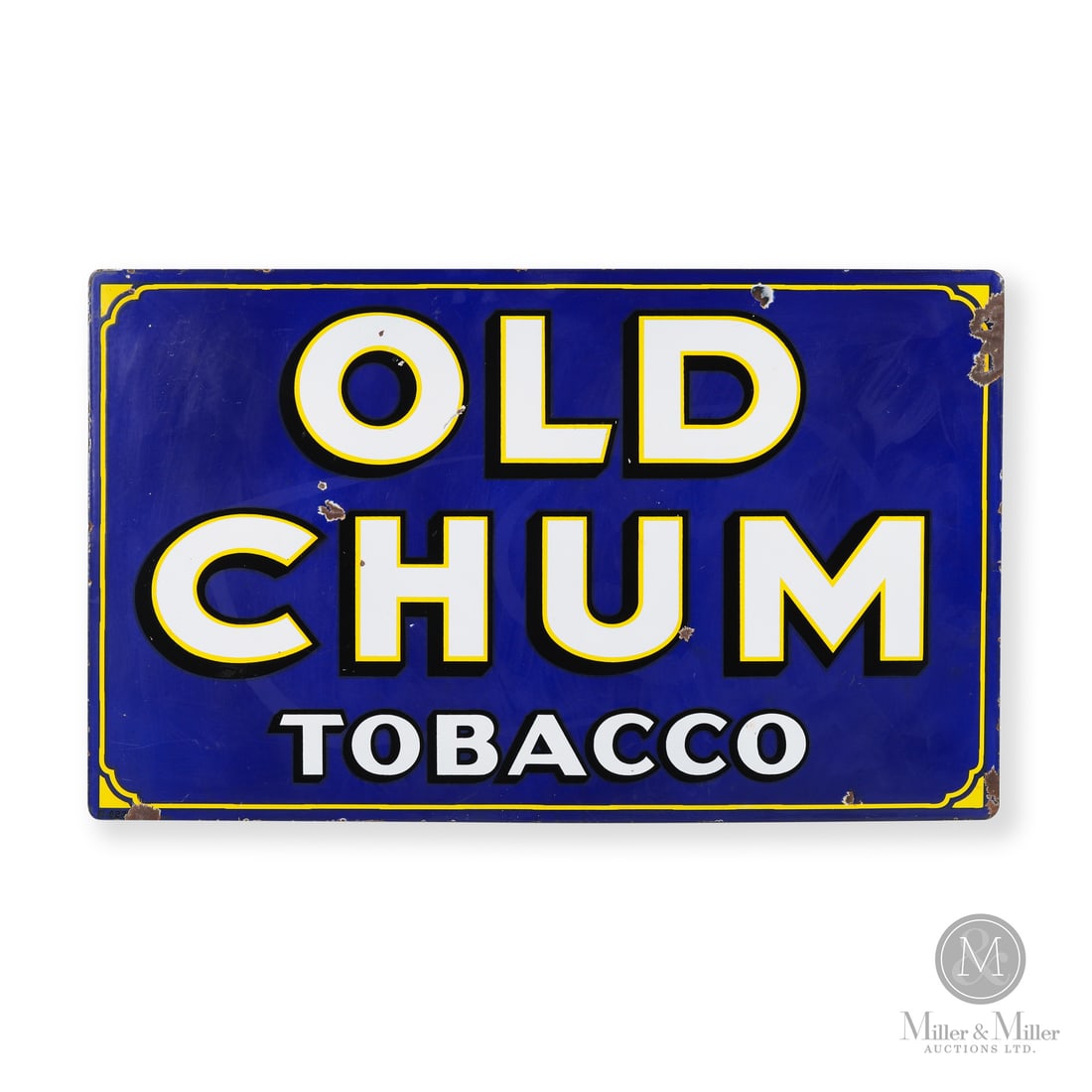 Old Chum Tobacco Sign: Made in Canada. 1930 - 1940. Single-sided porcelain (SSP). Featuring a corner scroll design to the yellow border. Marked, "F-932" lower left edge. 18" x 30". Authenticated by The Authentication