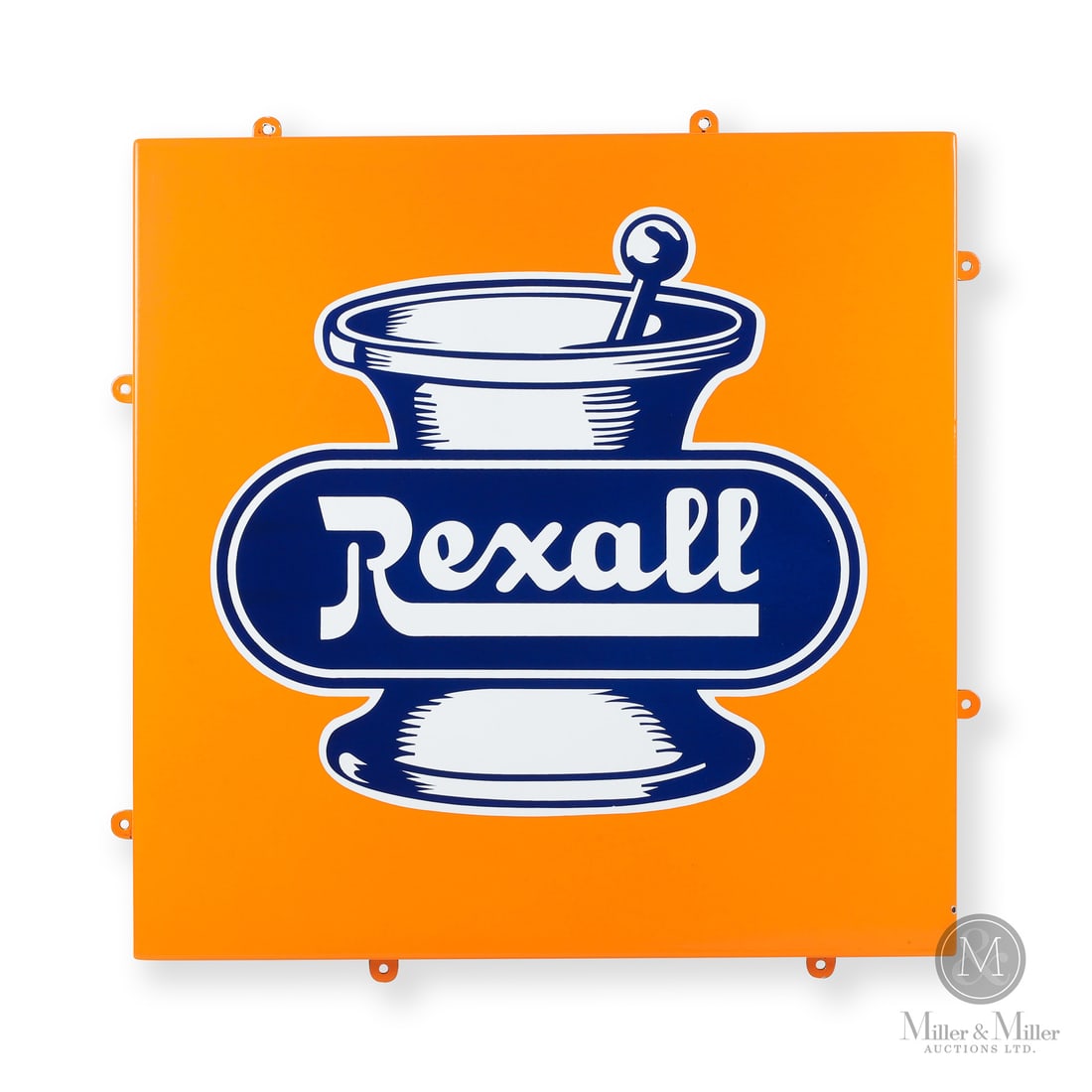 Rexall Drugs Panel Sign: Made in Canada. 1951 - 1958. Single-sided porcelain (SSP). Rexall introduced orange as their primary background colour for advertising in 1951 as part of their "Brighten Up" campaign. The mortar and p