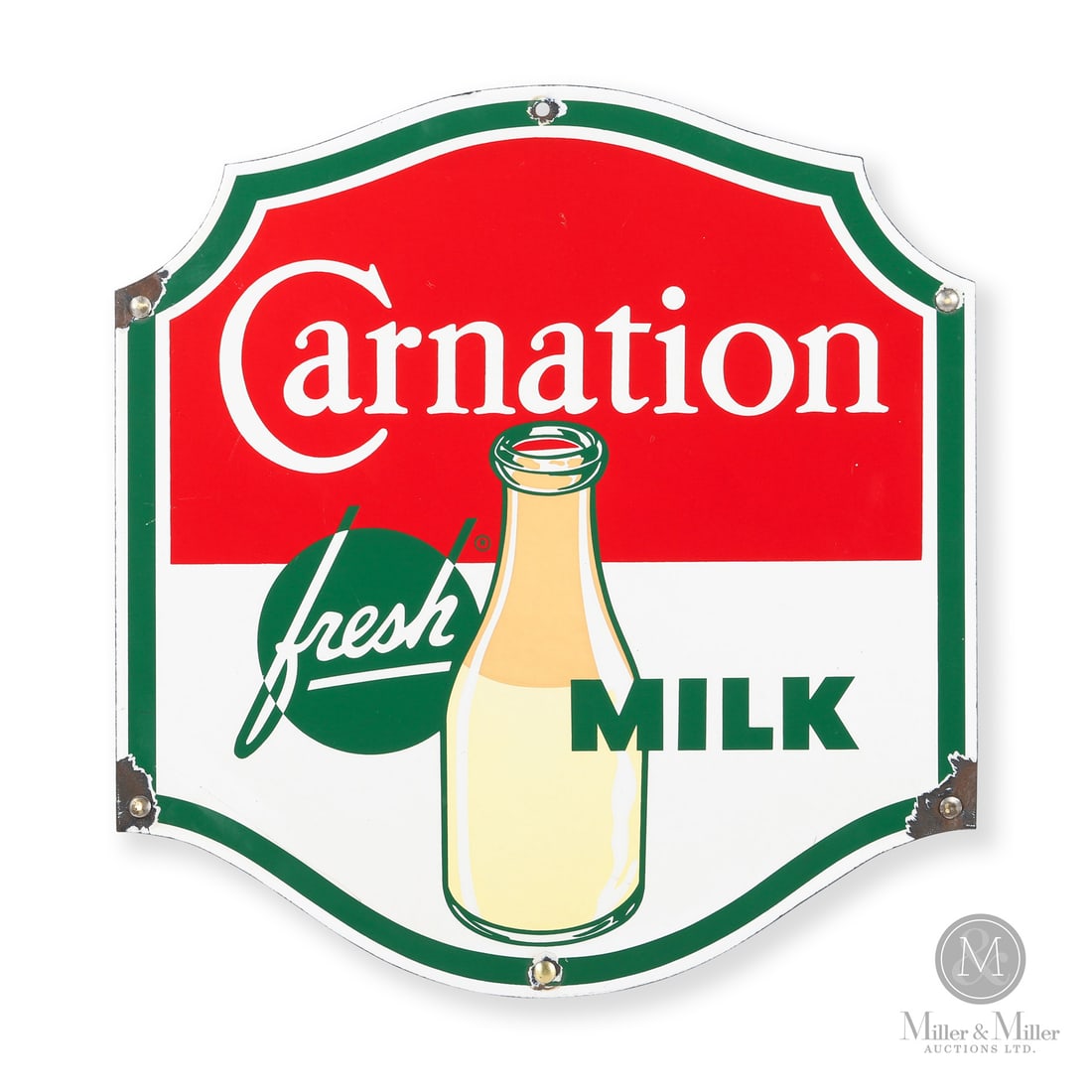 Carnation Fresh Milk Sign: Made in U.S.A. 1950 - 1960. Single-sided porcelain (SSP). Die-cut. Founded in 1899 by Elbridge Amos Stuart in Washington, the Carnation Milk Company began as a pioneer in safe, shelf-stable
