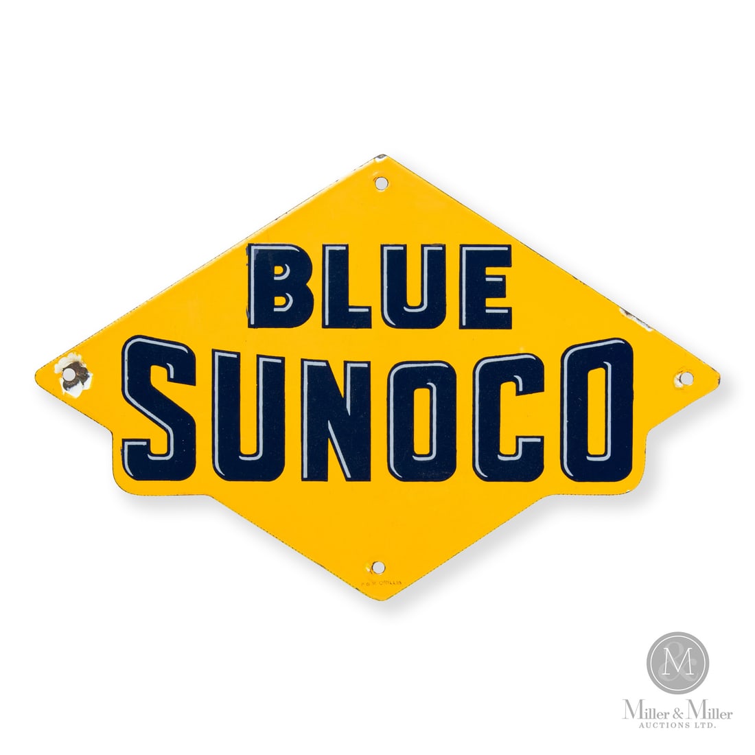 Blue Sunoco Gasoline Pump Sign: Made in Canada. 1940 - 1956. Single-sided tin (SST). Die-cut. Marked, "P & M ORILLIA" lower edge. 8" x 12.25". Authenticated by The Authentication Company (TAC #501711). All items are guaranteed