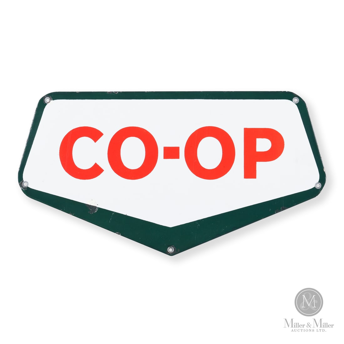 CO-OP Pump Sign: Made in Canada. 1950s. Single-sided porcelain (SSP). In Canada, the Co-op brand was a federation of independent businesses owned entirely by the local communities they served. These businesses banded