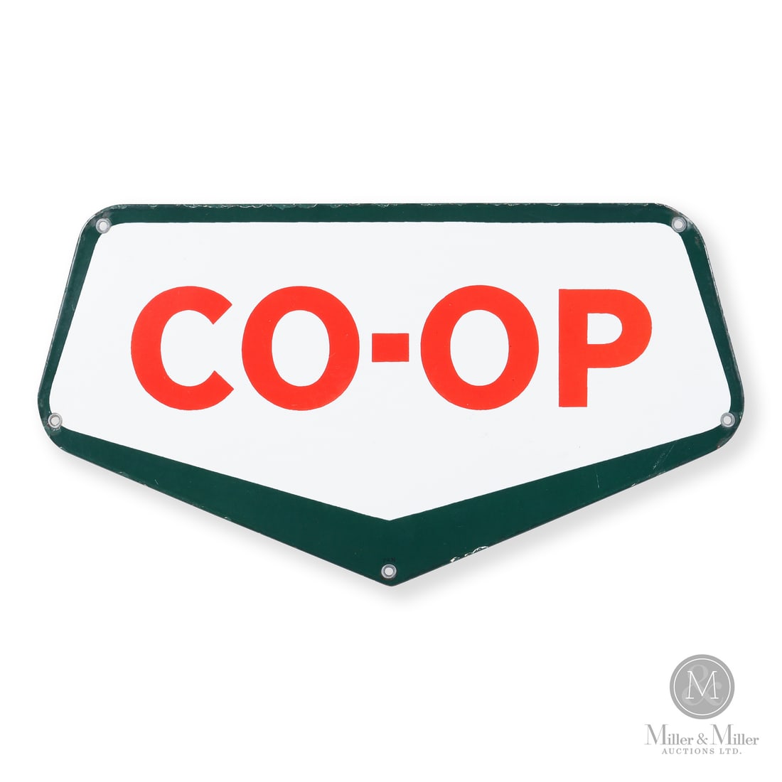CO-OP Pump Sign: Made in Canada. 1950s. Single-sided porcelain (SSP). In Canada, the Co-op brand was a federation of independent businesses owned entirely by the local communities they served. These businesses banded 