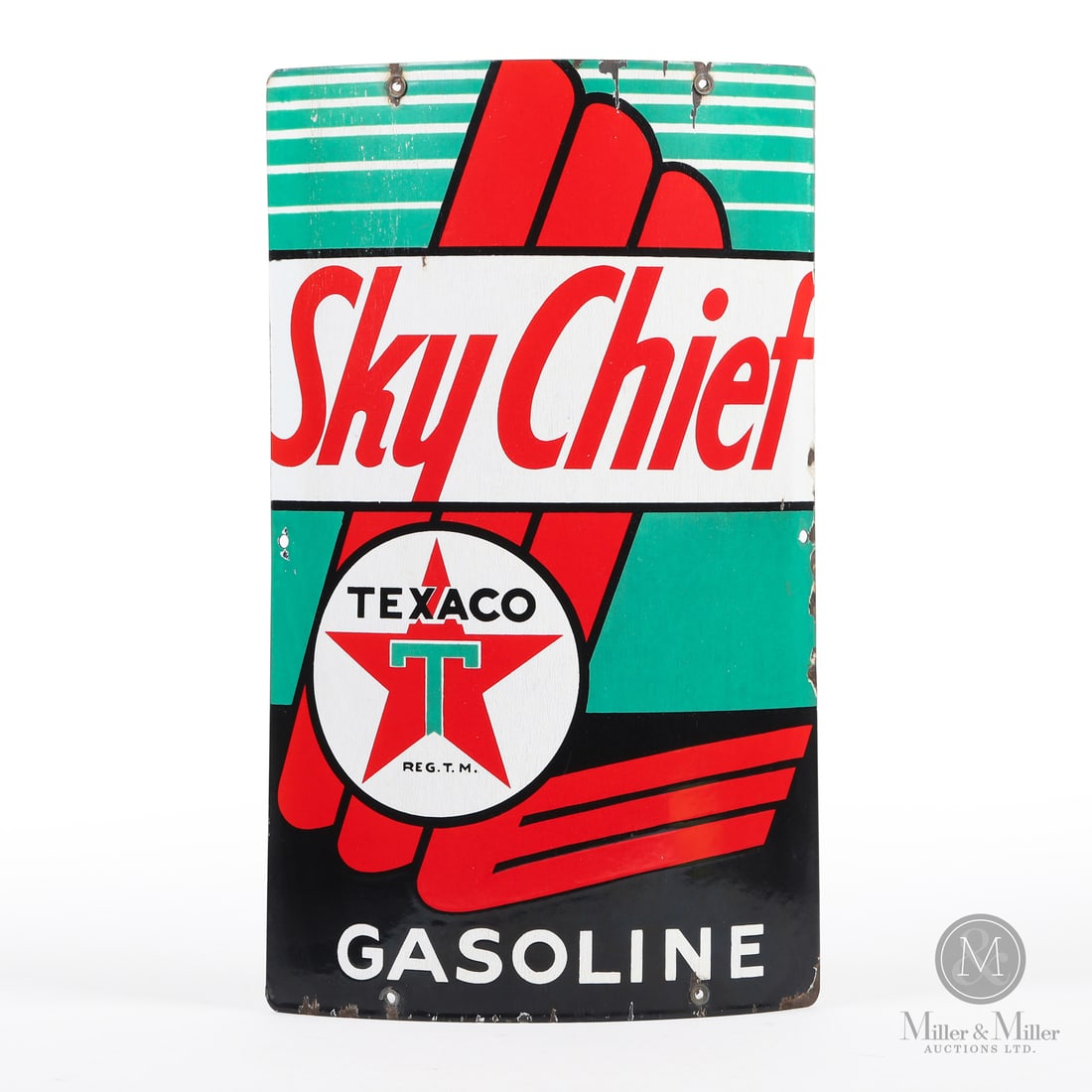 Texaco Sky Chief Pump Sign: Made in U.S.A. 1936 - 1966. Single-sided porcelain (SSP). Convex. Designed for a visible gas pump. Unmarked. 16" x 10.5" x 2.75". Authenticated by The Authentication Company (TAC #402742). All items a