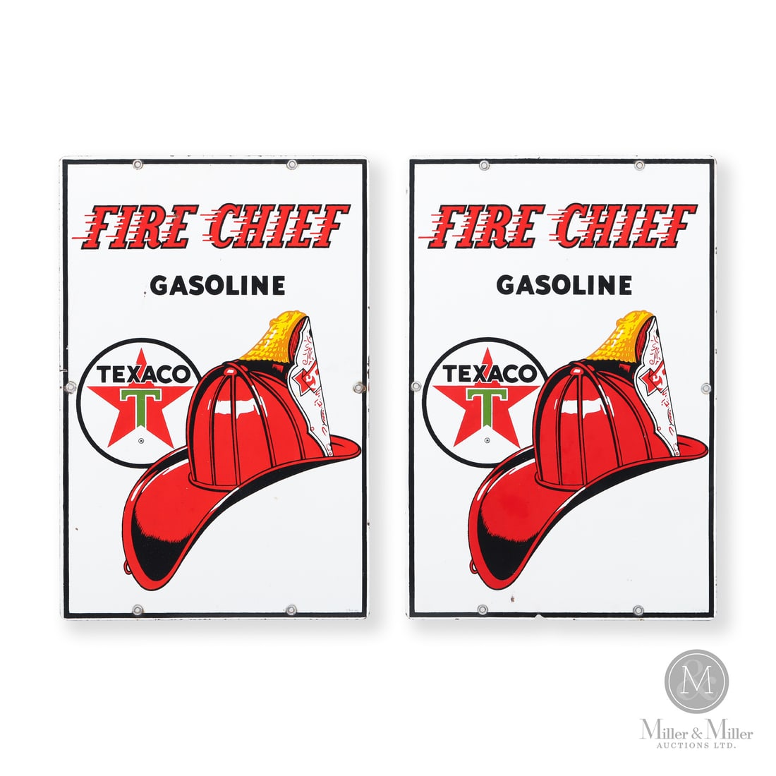 Texaco Fire Chief Gasoline Pump 1961 Sign Set: Made in Canada. 1961. Single-sided porcelain (SSP). The Fire Chief brand was introduced in 1932 as a super-octane fuel. It was marketed as being the same high-performance fuel used by U.S. Government 