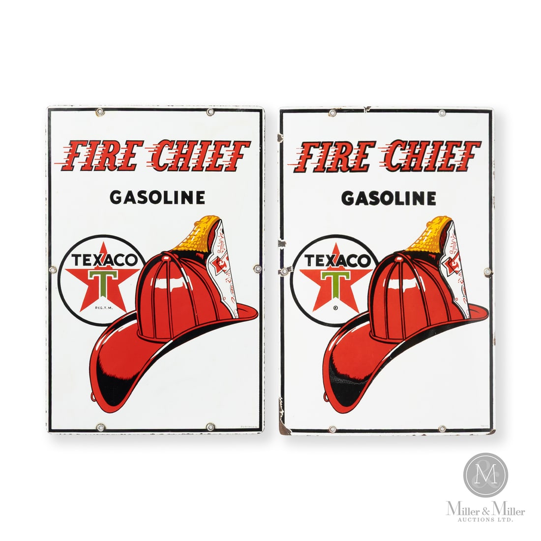 Texaco Fire Chief Gasoline Pump 1956 Sign Set: Made in Canada. 1956 and 1966. Single-sided porcelain (SSP). The Fire Chief brand was introduced in 1932 as a super-octane fuel. It was marketed as being the same high-performance fuel used by U.S. Go