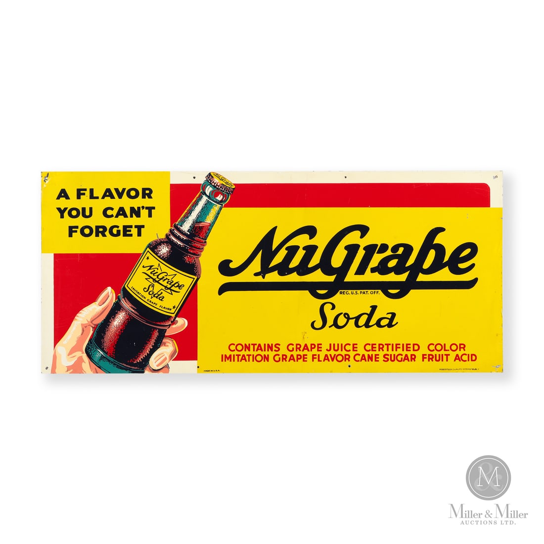 NuGrape Bottle-In-Hand Sign: Made in U.S.A. 1940 - 1950. Single-sided tin (SST). Featuring the product being held. Marked, "MADE IN U.S.A." lower left edge and 'ROBERTSON-DUALIFE-SPRINGFIELD" lower right edge. 14" x 32". Authenti