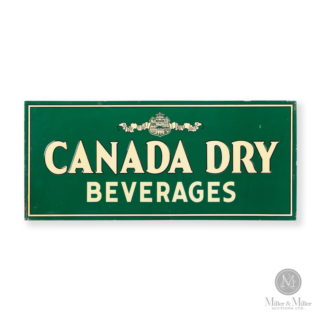 Canada Dry Beverages Sign: Made in Canada. 1935 - 1940. Single-sided tin (SST). Embossed. Canada Dry commissioned these signs to be made in red and green with this being the green version. Marked, "ST. THOMAS METAL SIGNS, LTD.,