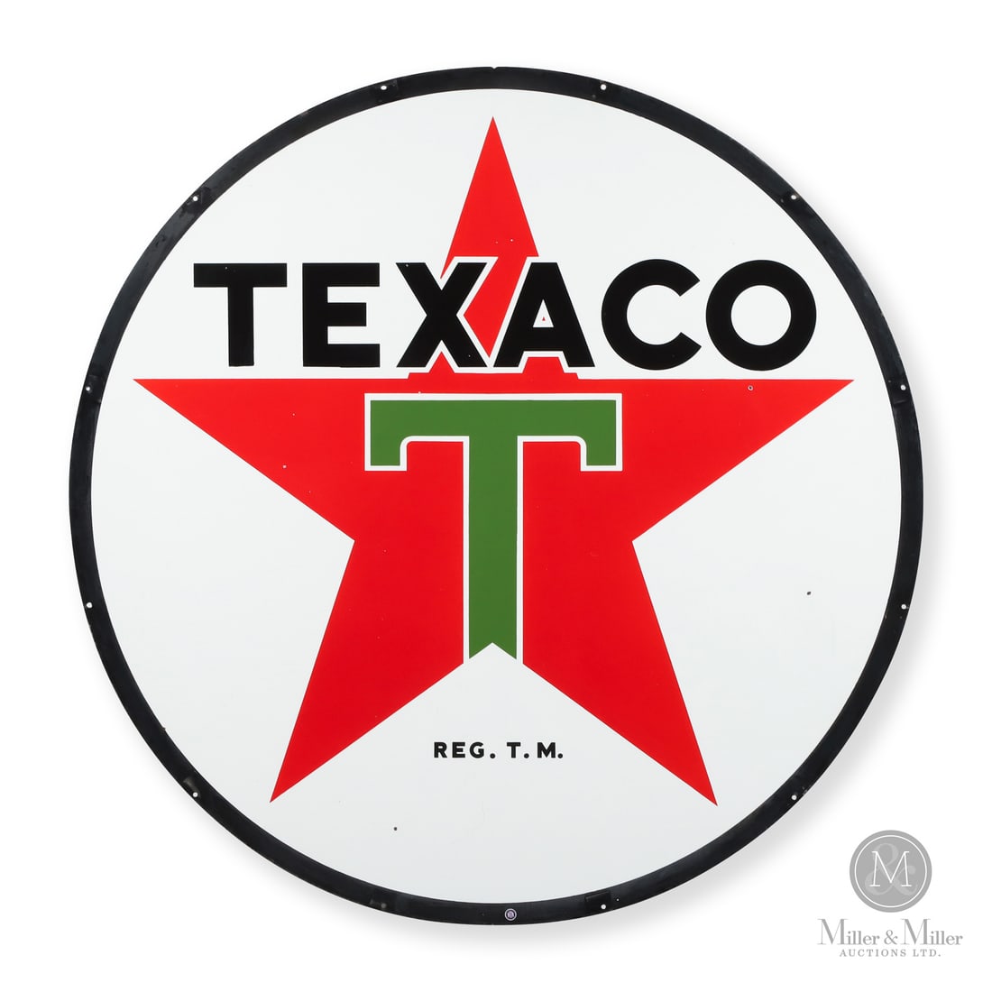 Texaco 6' Service Station Sign: Made in Canada. 1946-1959. Double-sided porcelain (DSP). The production dates are defined by the "P&M Orillia" marking (P&M began operations in 1946) and the "Reg. T.M." marking (in 1959 Texaco transi