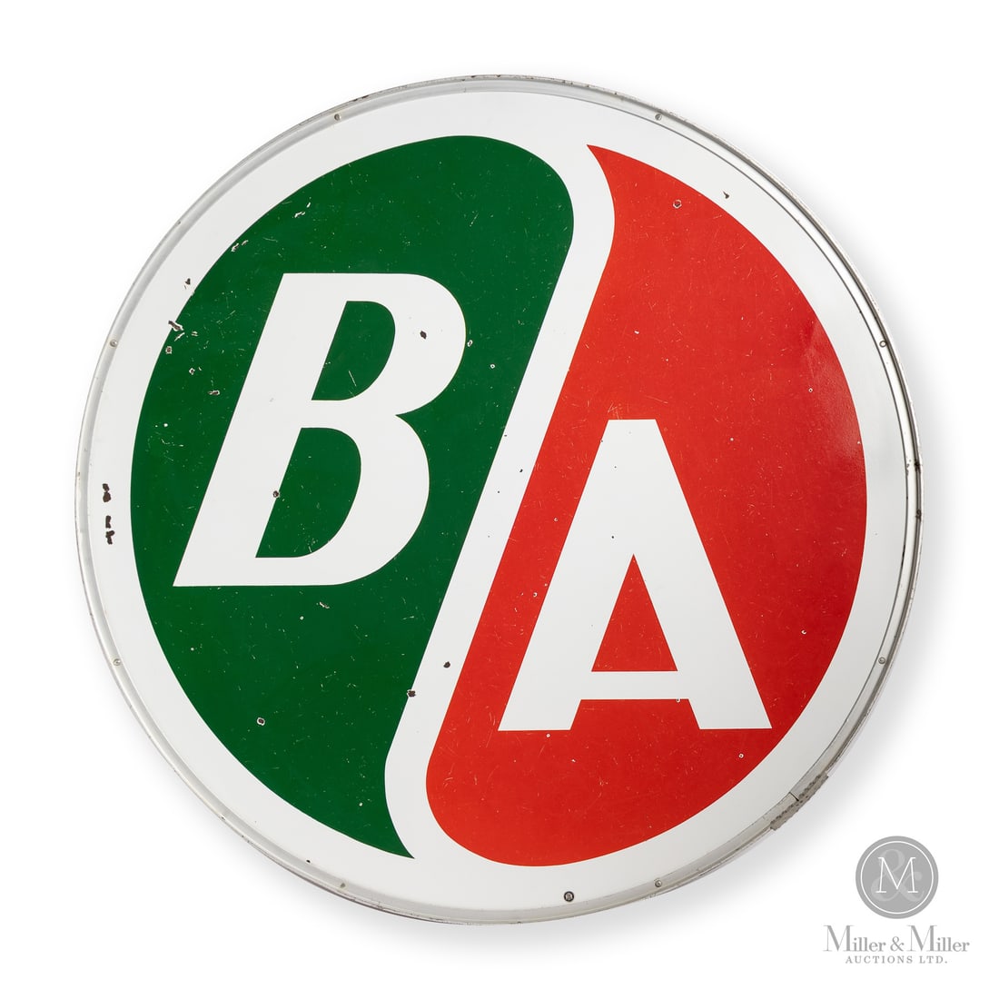 British-American Service Station Sign: Made in Canada. 1948 - 1966. Double-sided porcelain (DSP). Each half of British-America's iconic "roundel" logo represents a drop of oil. In 1967, after Gulf's acquisition of the firm, the colours of 