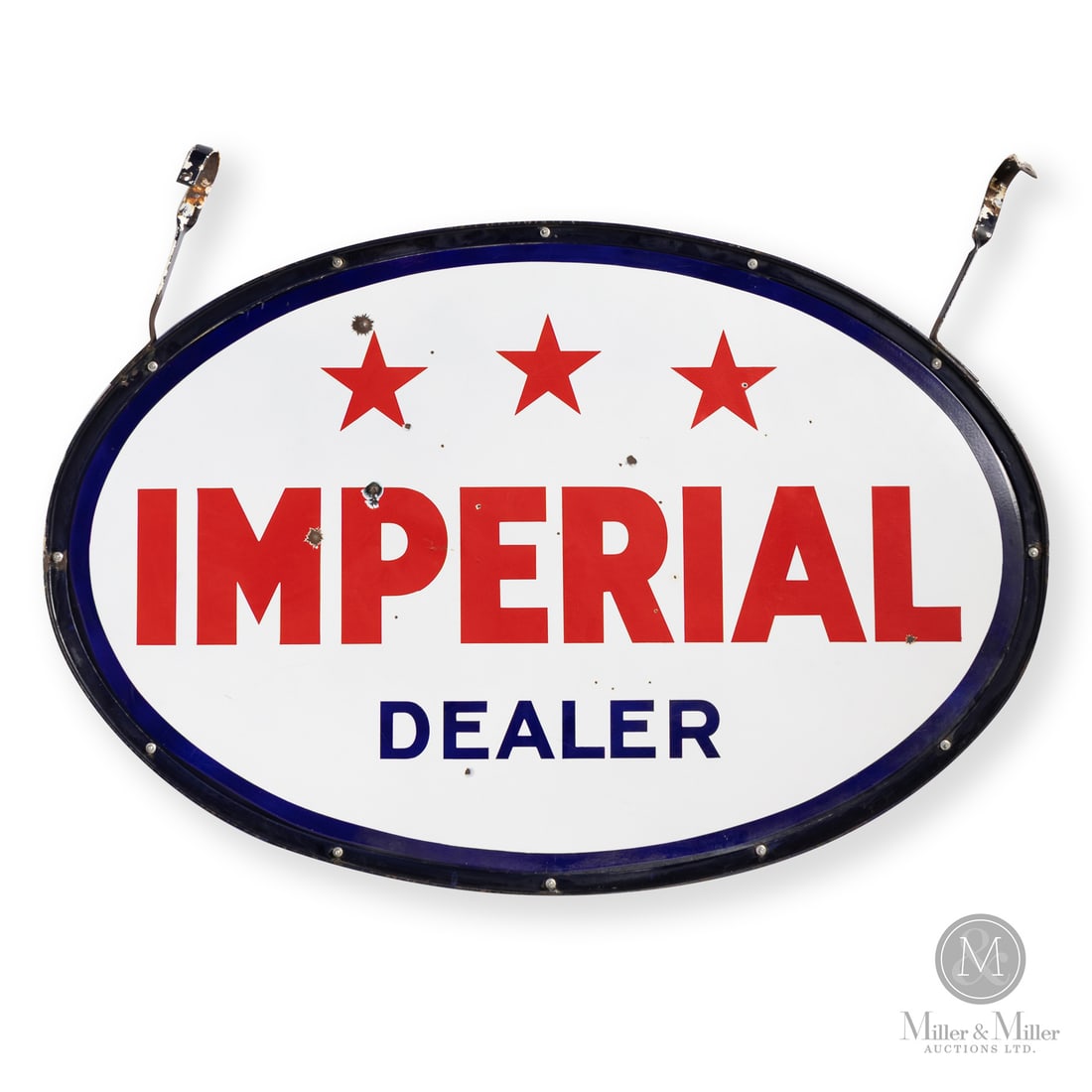 Imperial 3 Star Service Station Sign: Made in Canada. 1936 - 1940s. Double-sided porcelain (DSP). In 1936, Imperial Oil became the main sponsor of Hockey Night in Canada radio broadcasts and launched a promotion for its 3-Star gasoline by