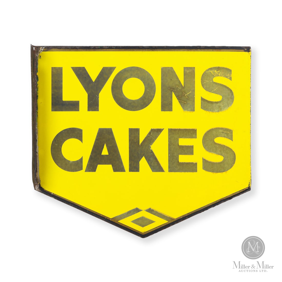 Lyons Cakes Flange Sign: Made in United Kingdom. 1930 - 1939. Double-sided porcelain (DSP). Die-cut. Unmarked. 15.5" x 18.25" x 2". Authenticated by The Authentication Company (TAC #501775). All items are guaranteed