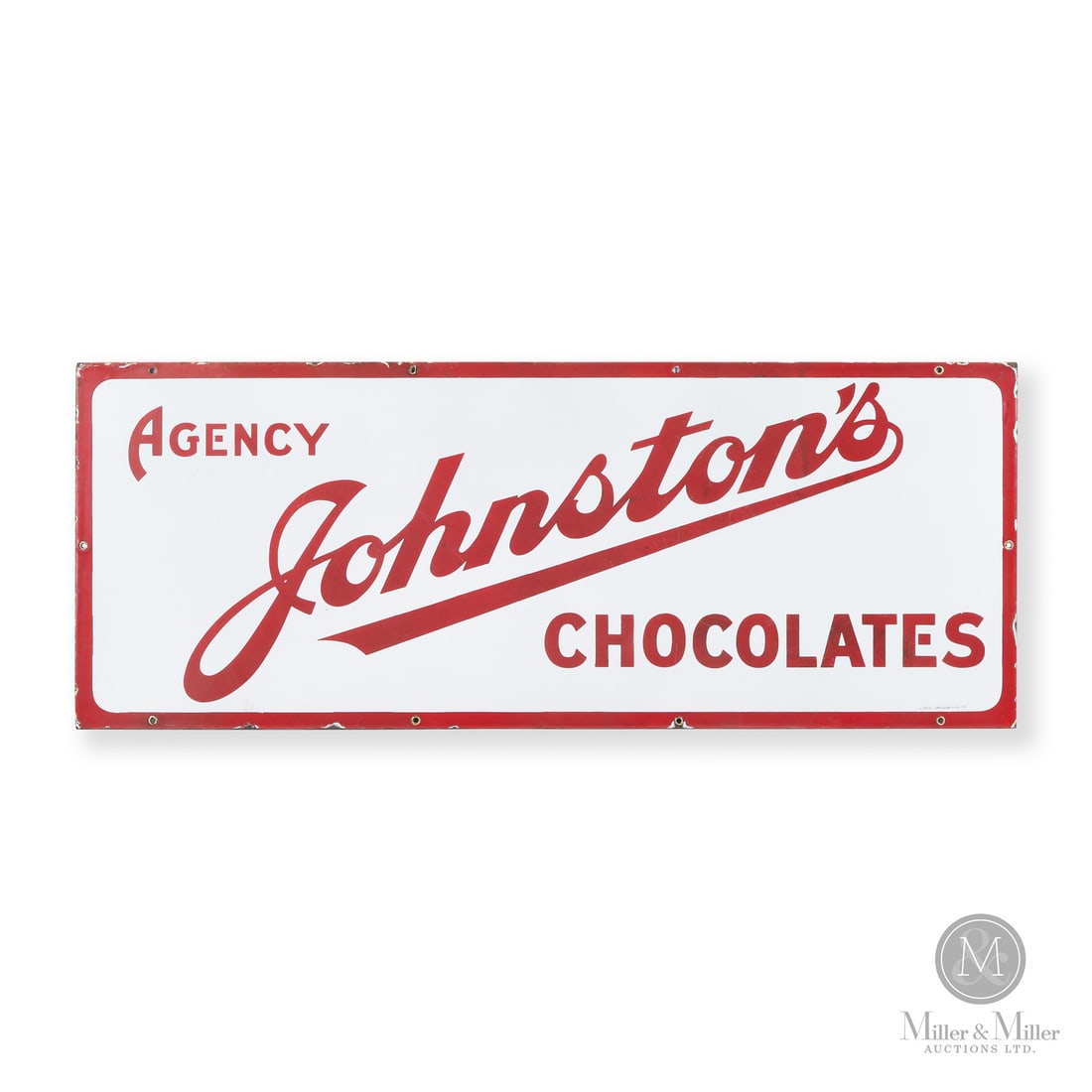 Johnston's Chocolates Sign: Made in U.S.A. 1940 - 1950. Single-sided porcelain (SSP). The Robert A. Johnston Company was a historic American confectionery manufacturer founded in Milwaukee, Wisconsin, in 1848 by Alexander H.
