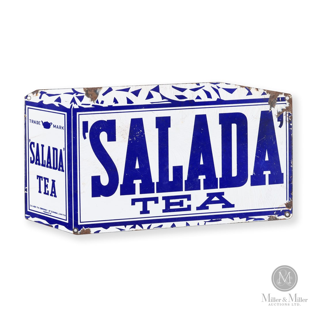 Salada Tea Box Sign: Made in Canada. 1940s. Single-sided porcelain (SSP). Die-cut. Salada tea company of Canada, limited, Toronto. Blue and white variation. Unmarked. 10.5" x 19". Authenticated by The Authentication